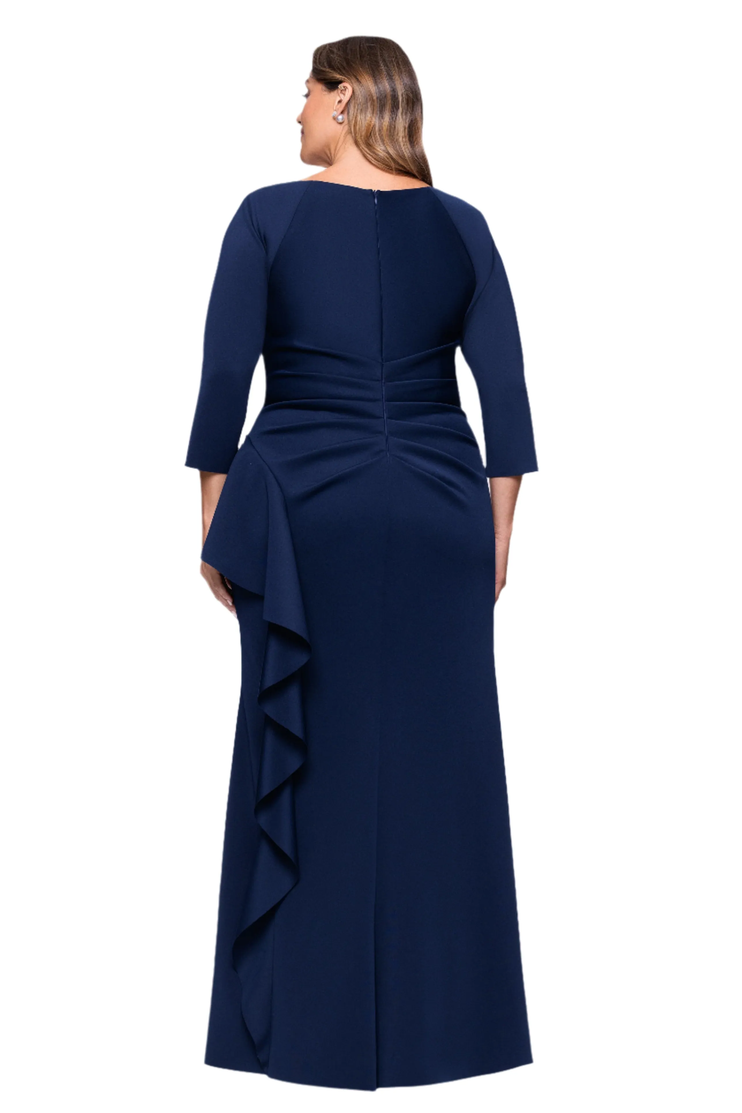 Plus "Amber" Techno Scuba 3/4 Sleeve V-Neck Ruffle Floor Length Dress sold by Xscape product image thumbnail 3