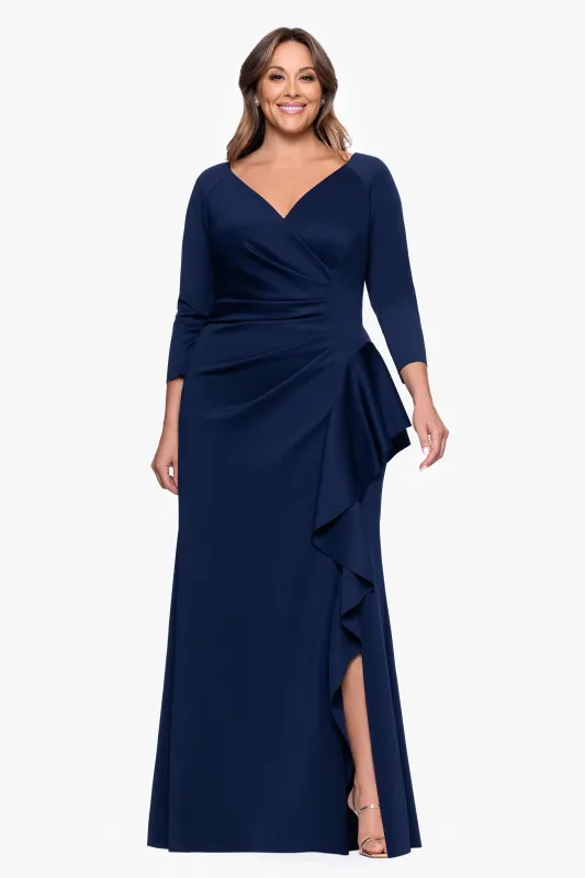 Plus "Amber" Techno Scuba 3/4 Sleeve V-Neck Ruffle Floor Length Dress made by Xscape