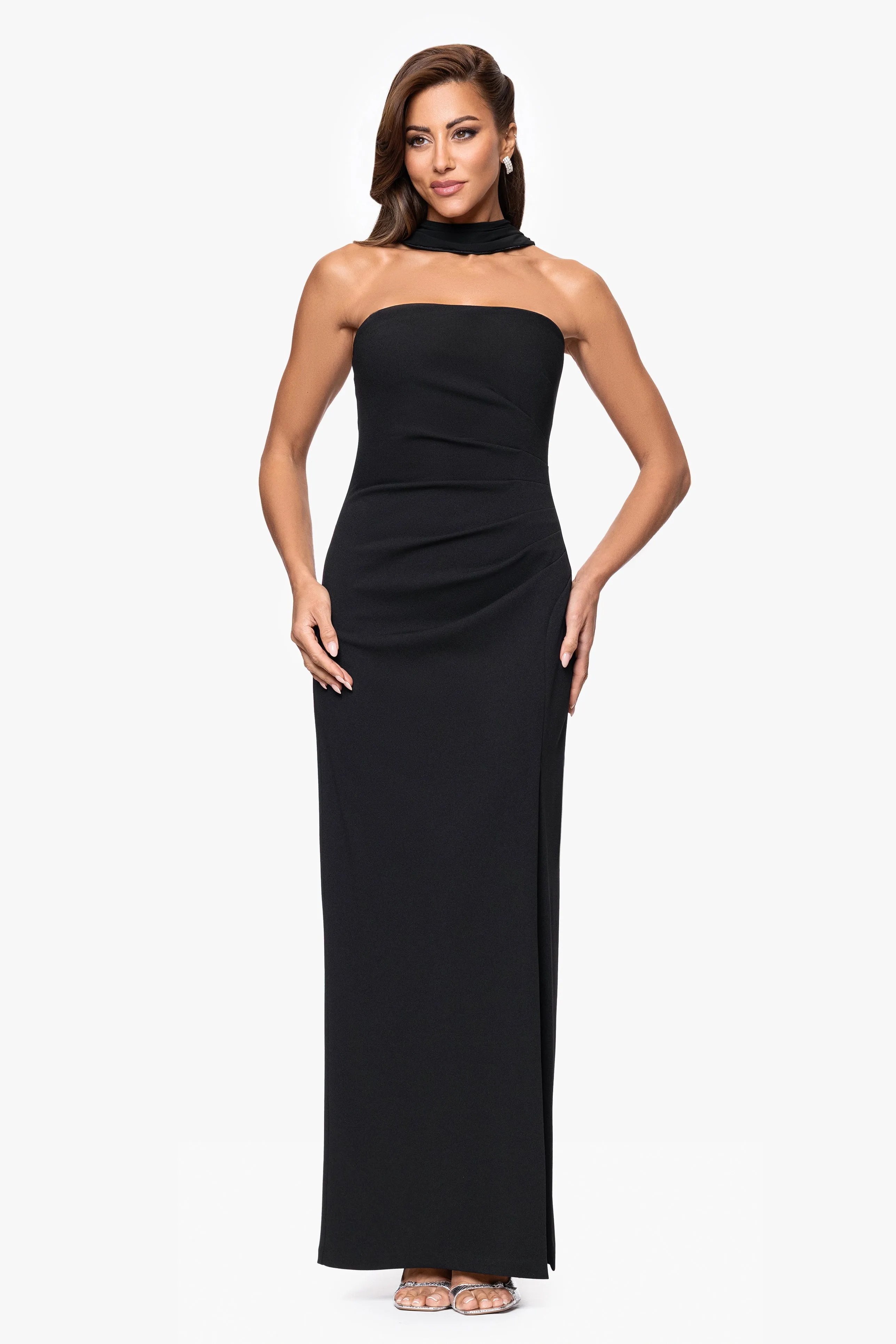 "Jackie" Scuba Crepe Strapless Floor Length Dress With Neck Drape sold by Xscape