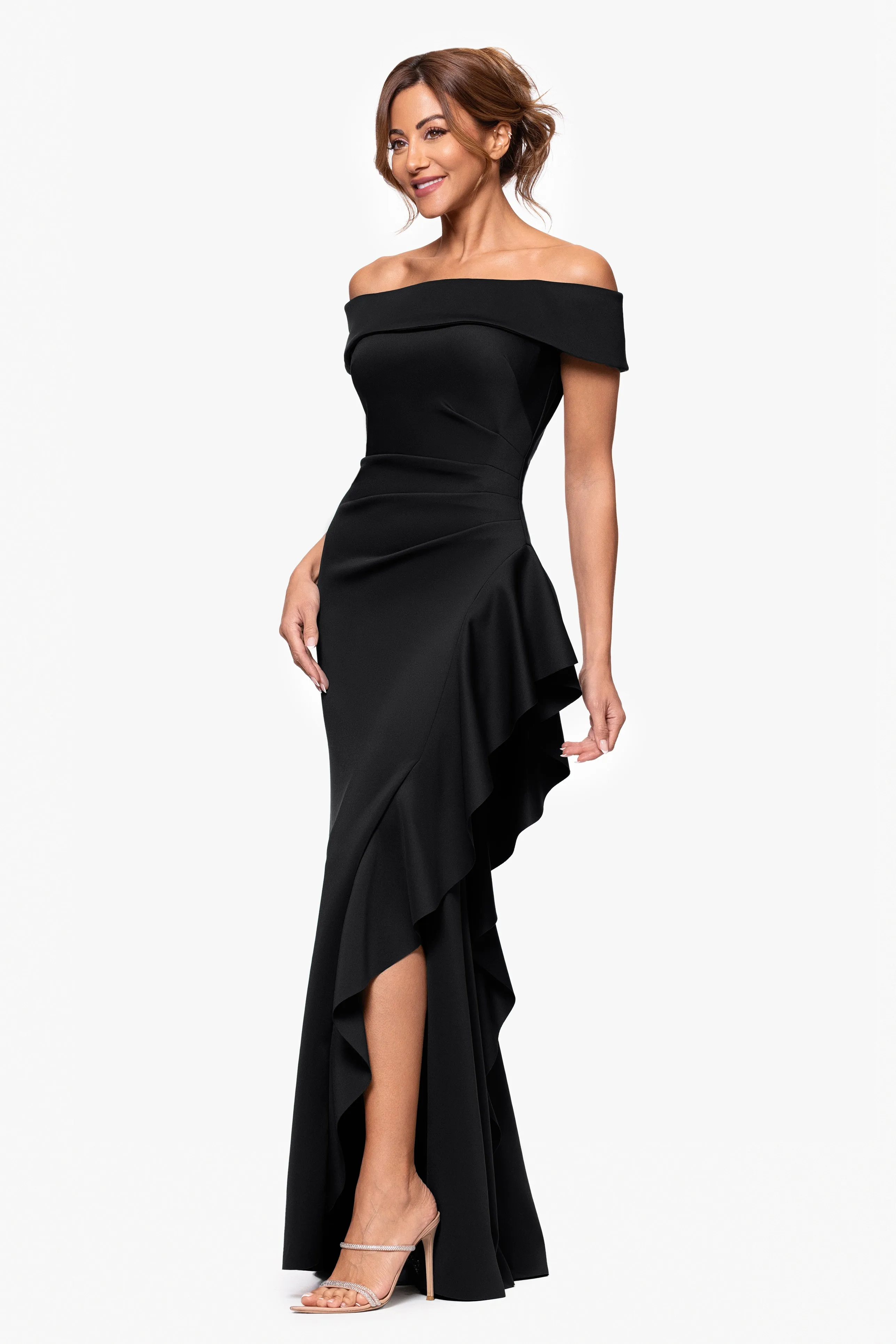 "Dolly" Techno Scuba Off the Shoulder Ruffle Floor Length Dress sold by Xscape product image thumbnail 4