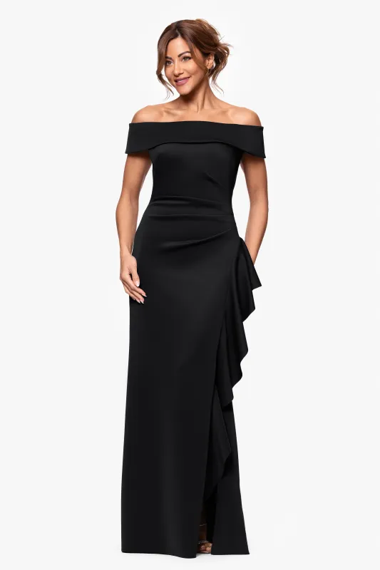 "Dolly" Techno Scuba Off the Shoulder Ruffle Floor Length Dress sold by Xscape