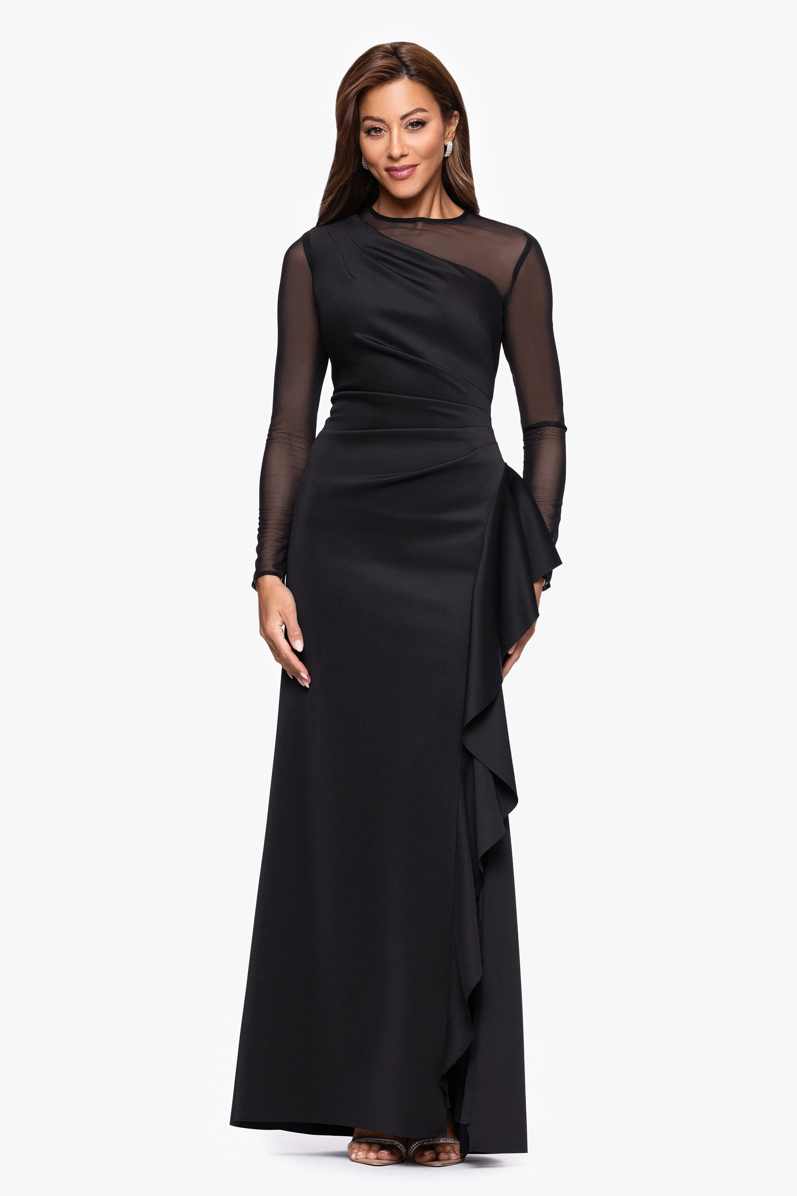 Petite "Lyra" Techno Scuba Mesh Long Sleeve Floor Length Dress sold by Xscape