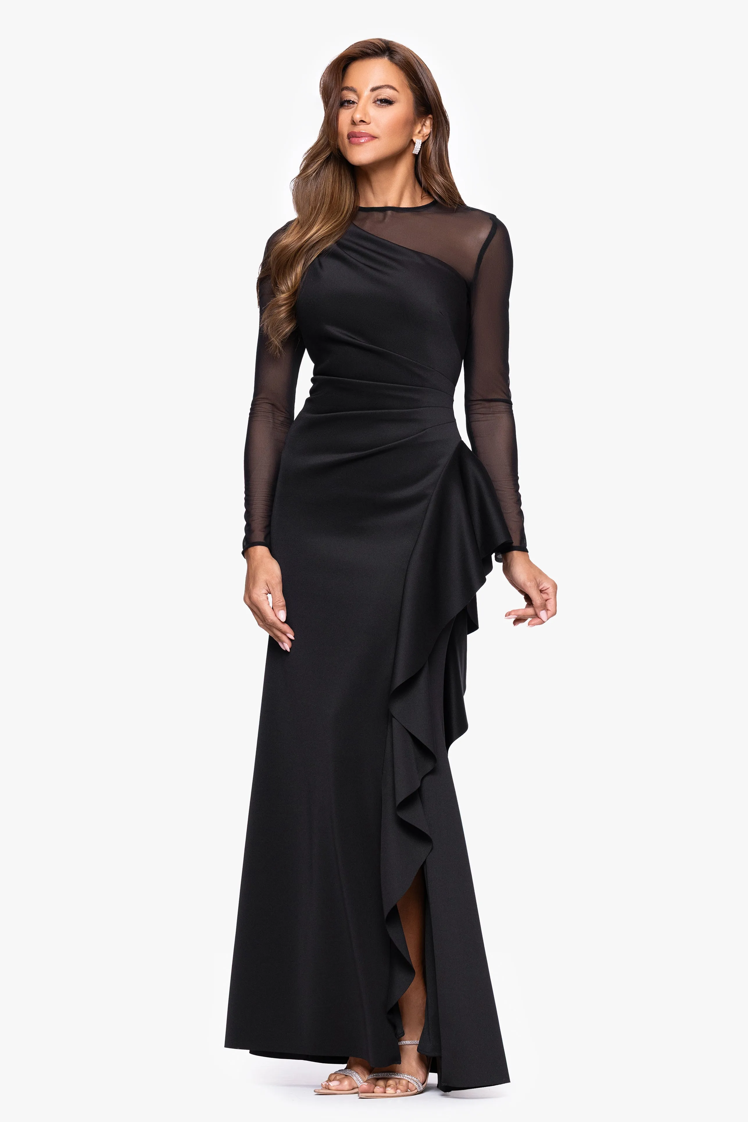 Petite "Lyra" Techno Scuba Mesh Long Sleeve Floor Length Dress sold by Xscape product image thumbnail 4
