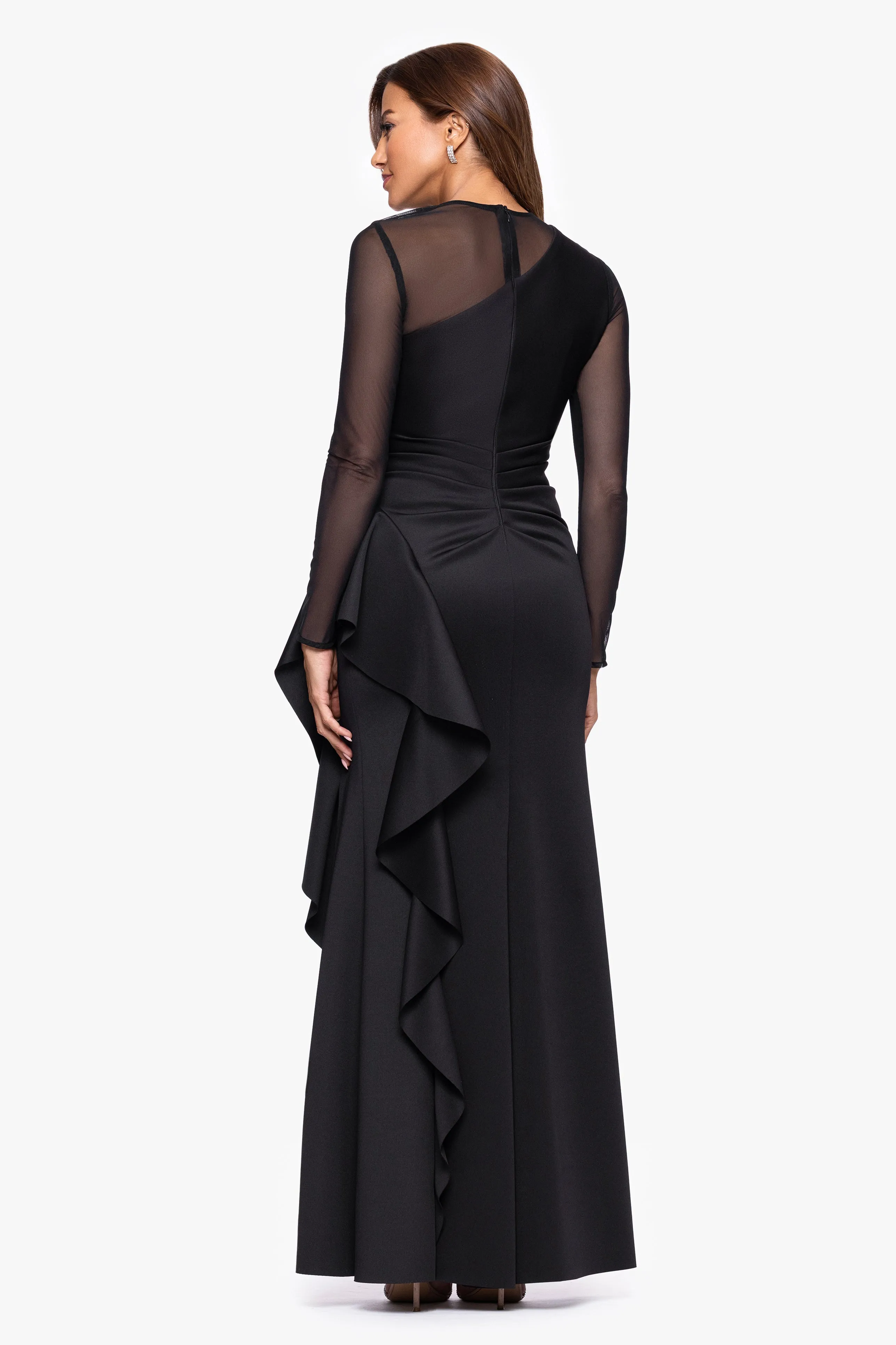 Petite "Lyra" Techno Scuba Mesh Long Sleeve Floor Length Dress sold by Xscape product image thumbnail 3