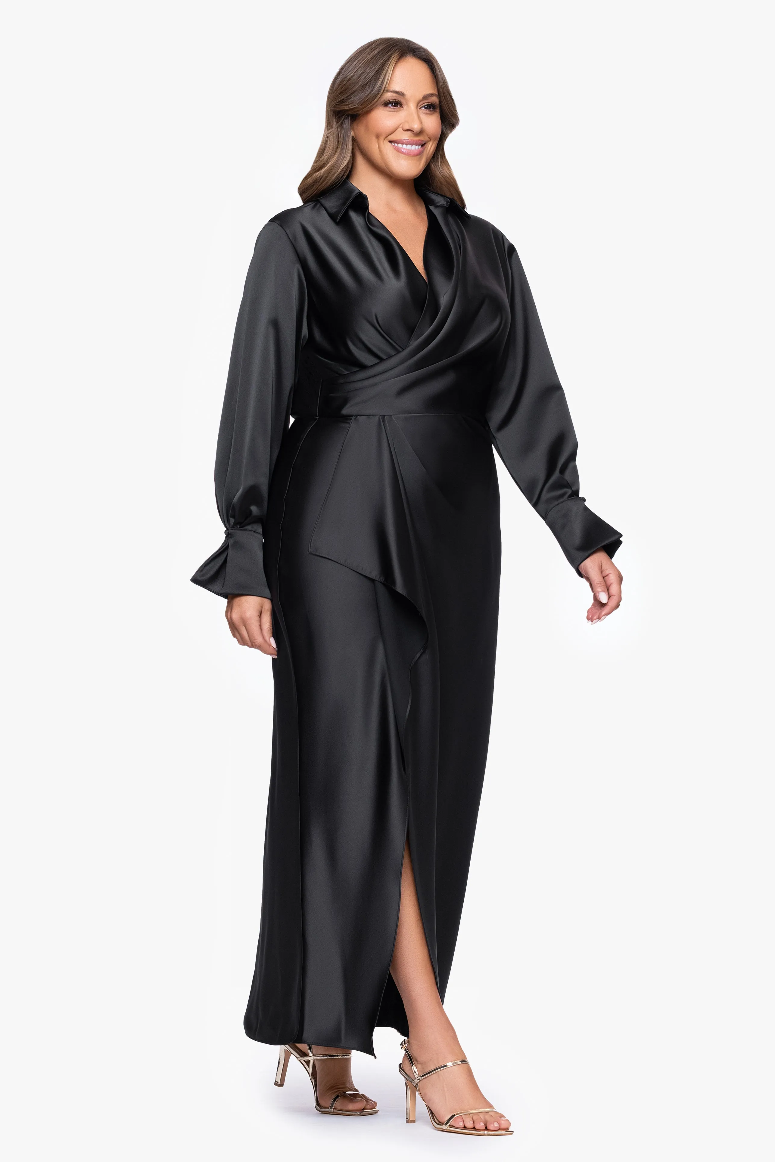 Plus "Emery" Long Satin Long Sleeve Collared Dress sold by Xscape product image thumbnail 4