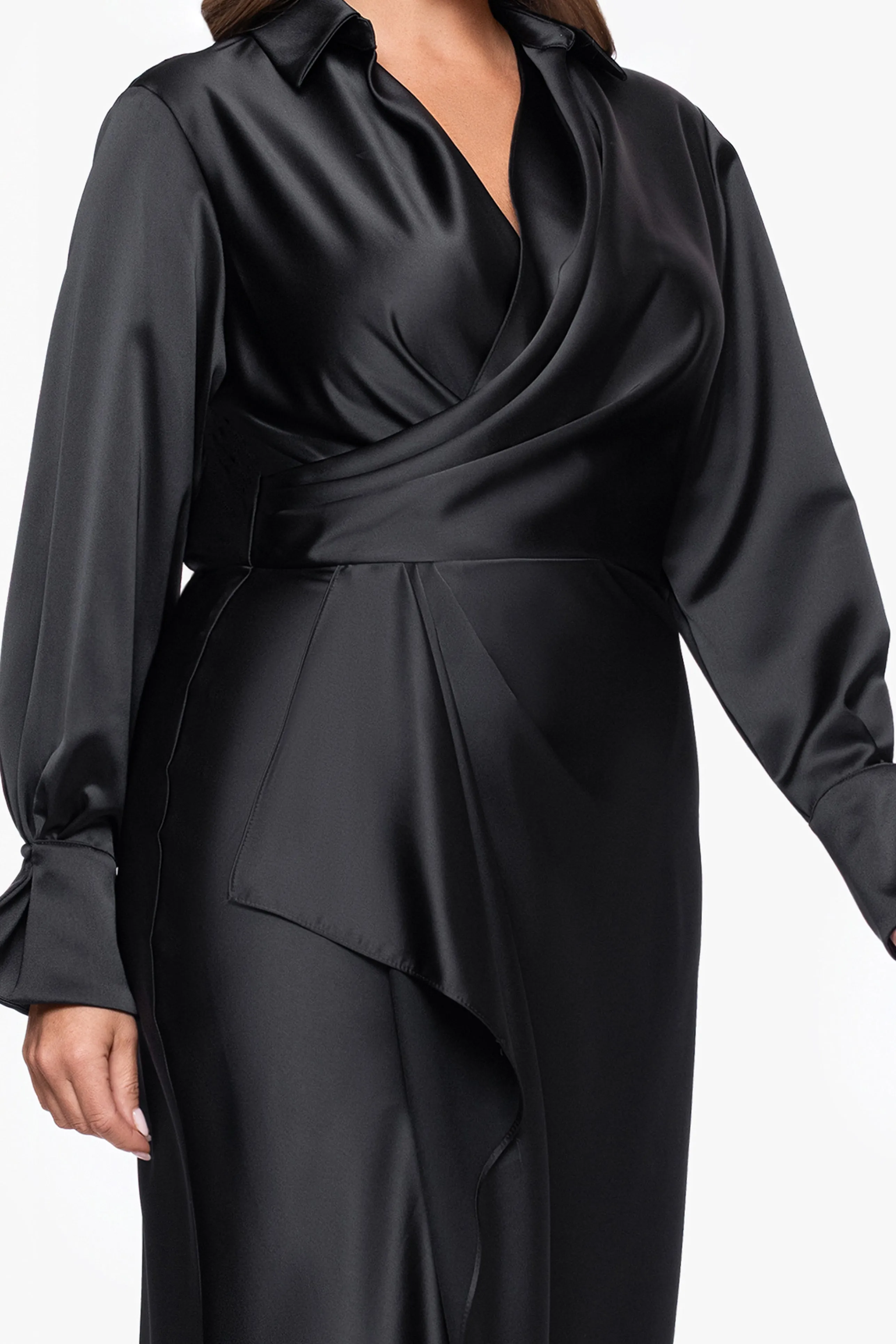 Plus "Emery" Long Satin Long Sleeve Collared Dress sold by Xscape product image thumbnail 2