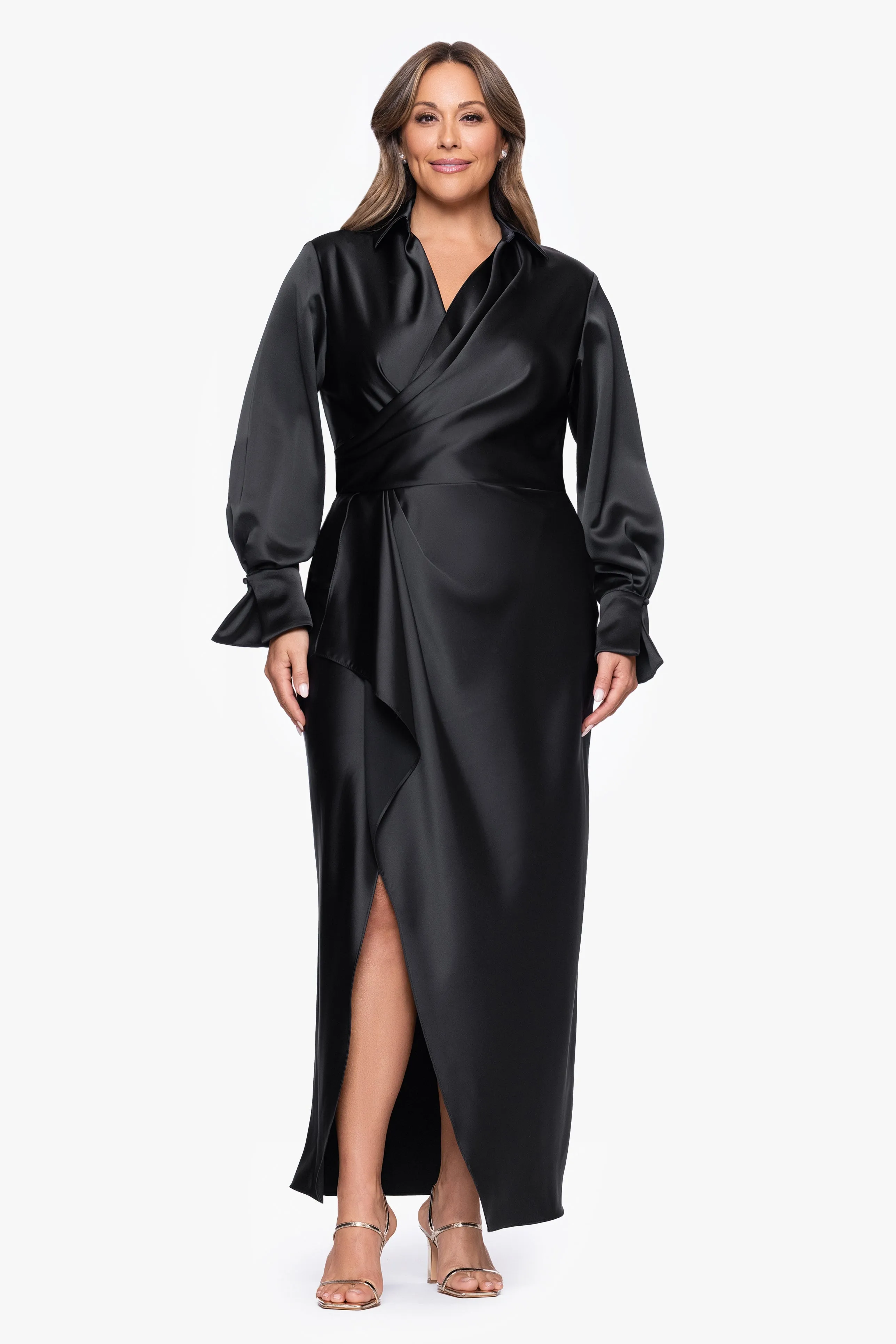 Plus "Emery" Long Satin Long Sleeve Collared Dress sold by Xscape