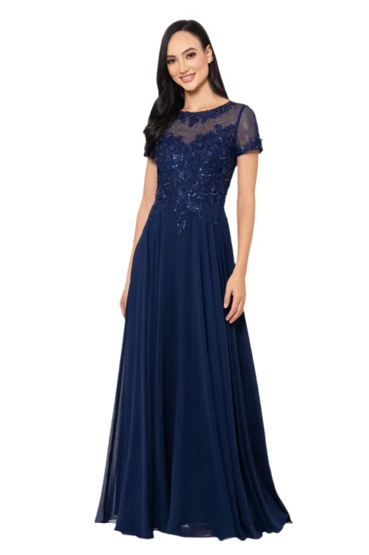 Petite "Angelica" Long Chiffon Beaded Mesh Top Dress sold by Xscape