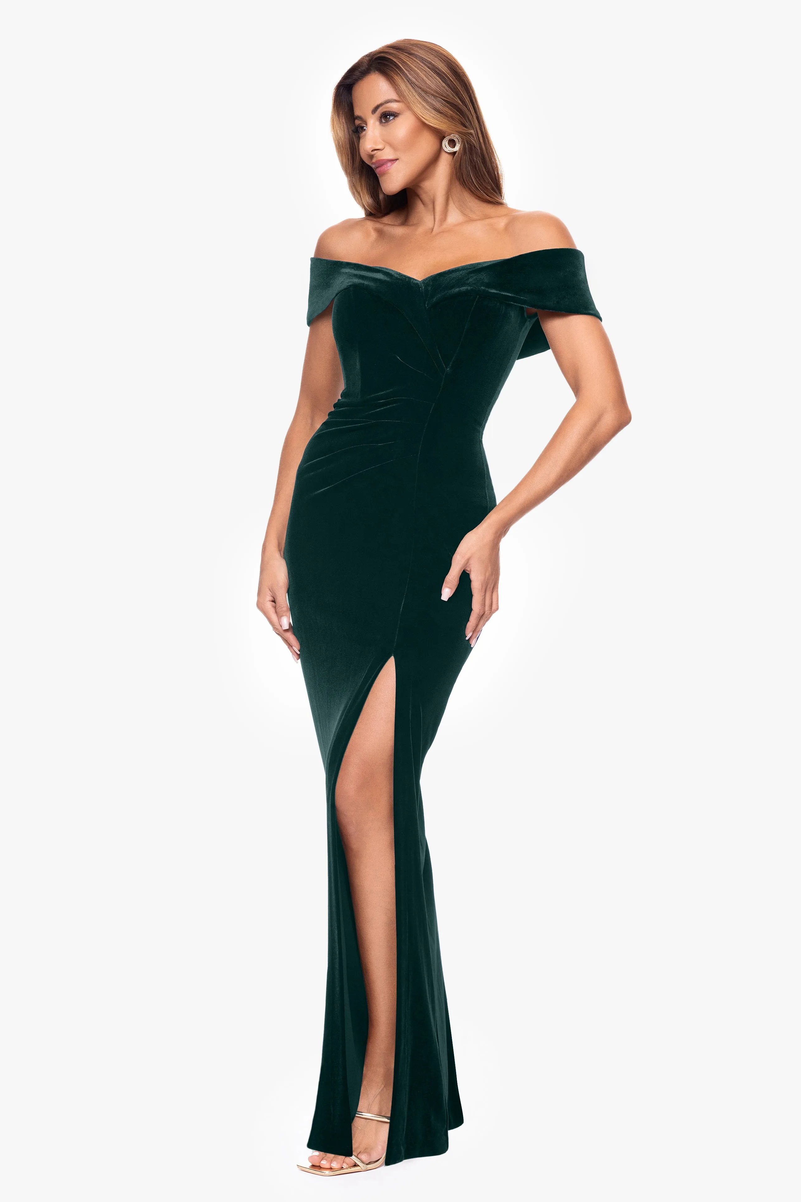 Petite "Charmaine" Long Off the Shoulder Velvet Gown sold by Xscape product image thumbnail 3