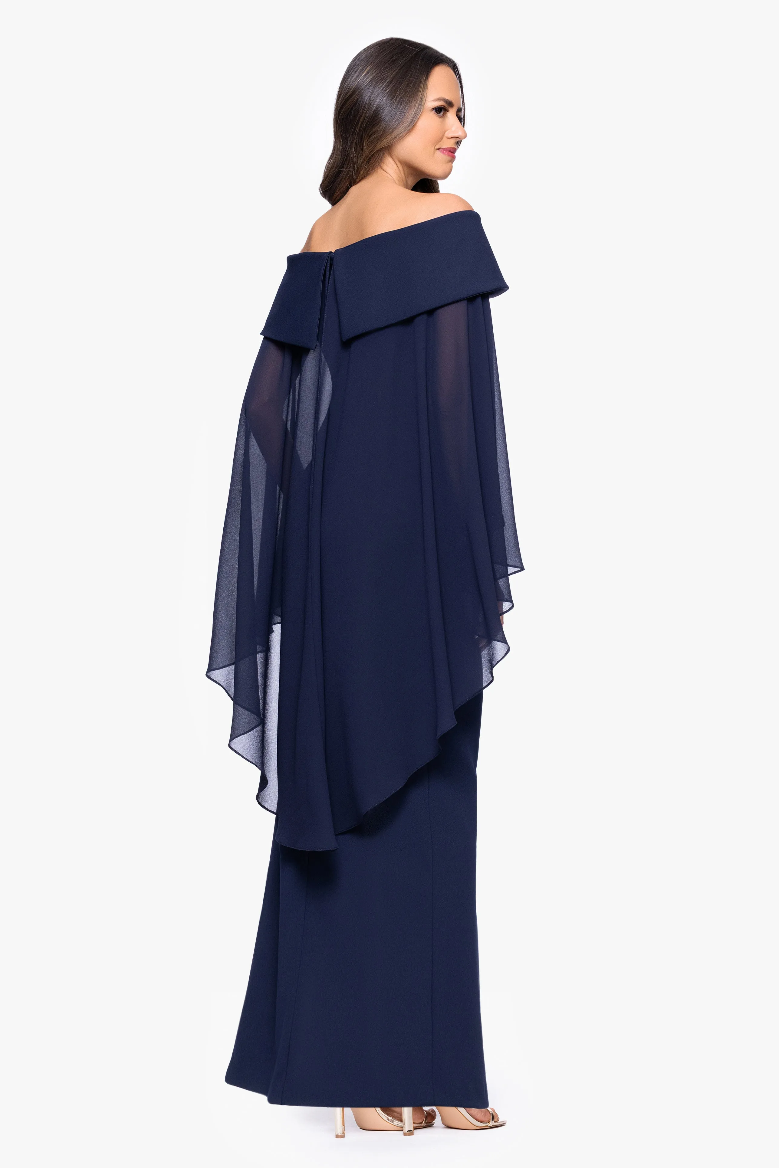 "Rosaline" Scuba Crepe Off the Shoulder Chiffon Cape Floor Length Dress sold by Xscape product image thumbnail 3
