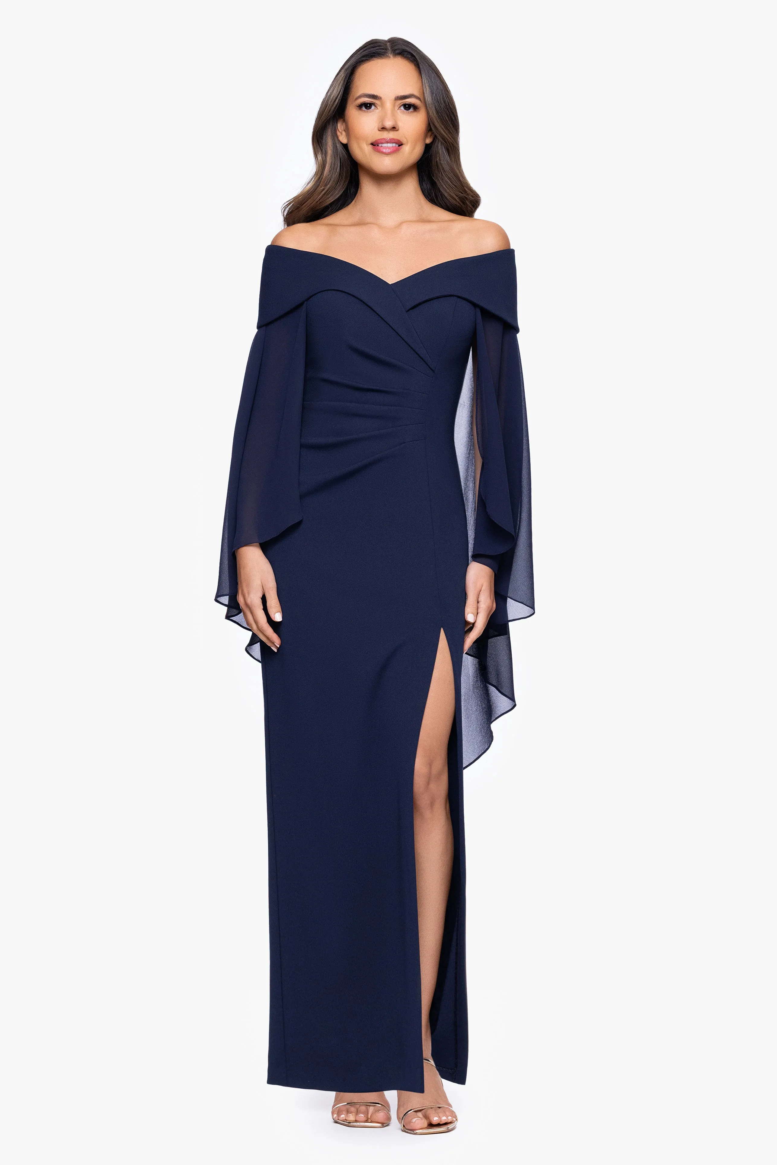 "Rosaline" Scuba Crepe Off the Shoulder Chiffon Cape Floor Length Dress sold by Xscape product image thumbnail 5
