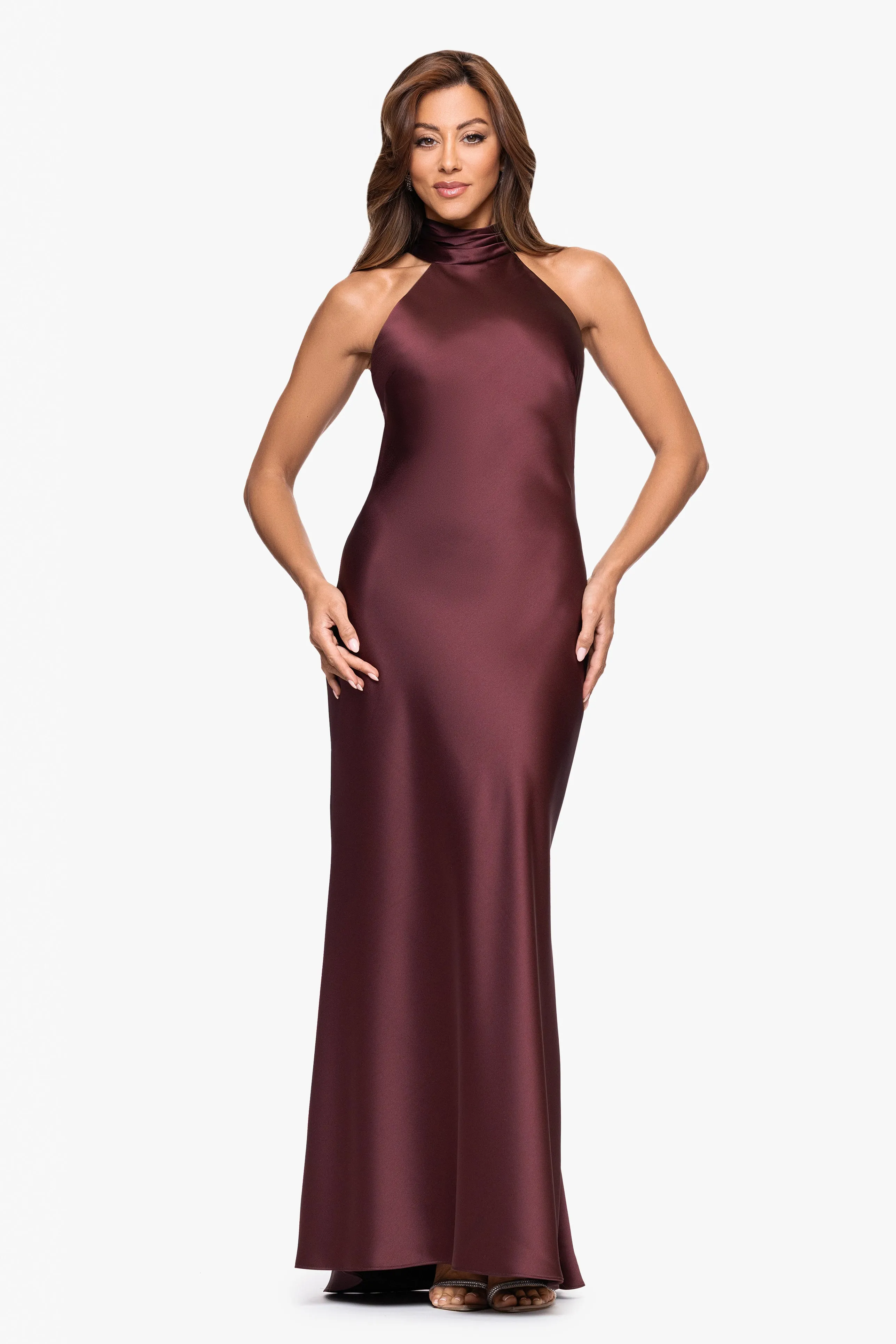 "Ruth" Satin High Tie Neck Backless Floor Length Dress sold by Xscape