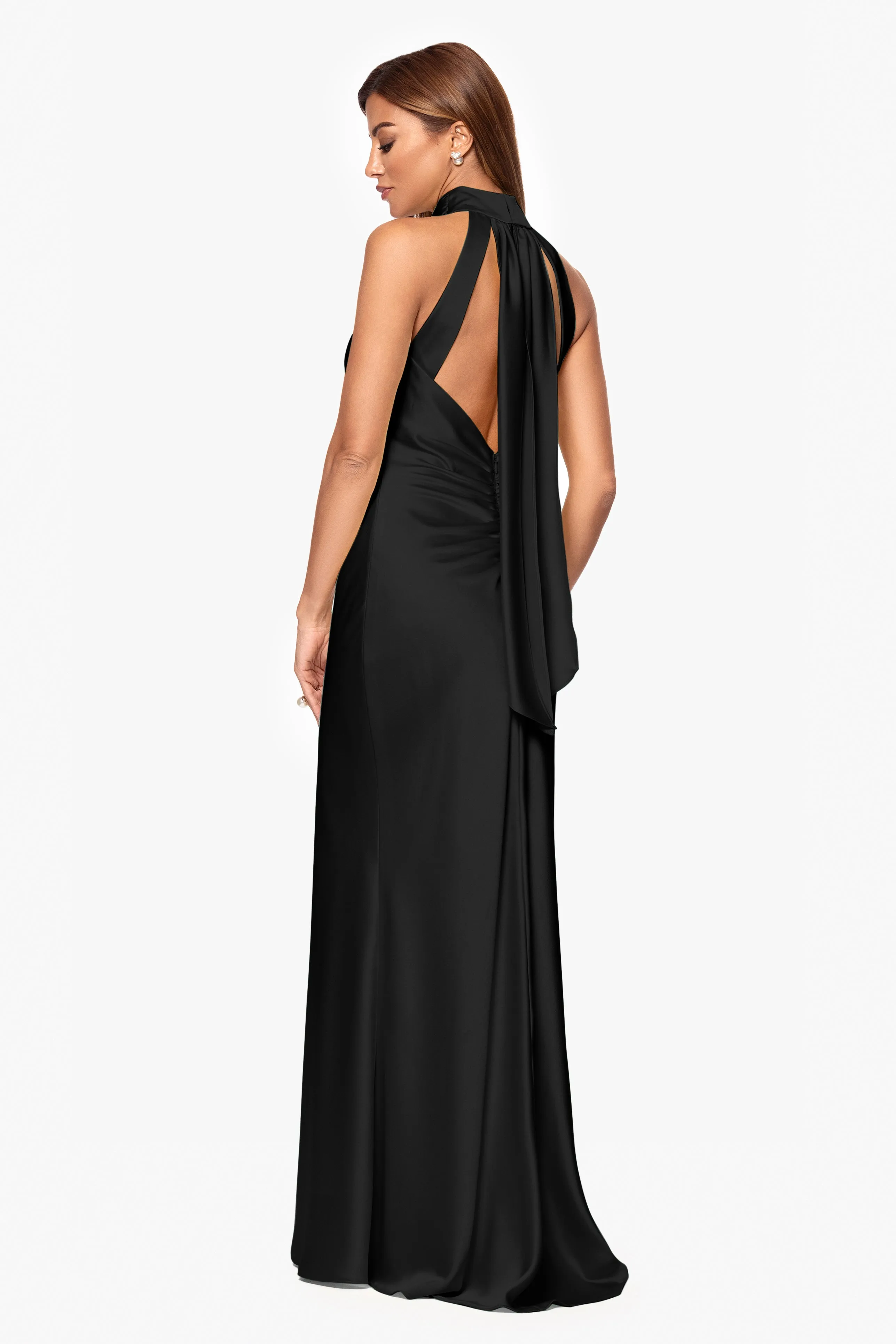 "Ruth" Satin High Tie Neck Backless Floor Length Dress sold by Xscape product image thumbnail 3