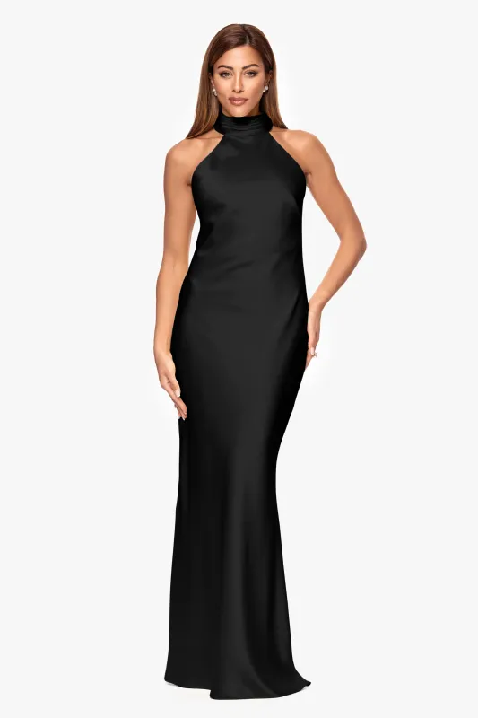 "Ruth" Satin High Tie Neck Backless Floor Length Dress sold by Xscape