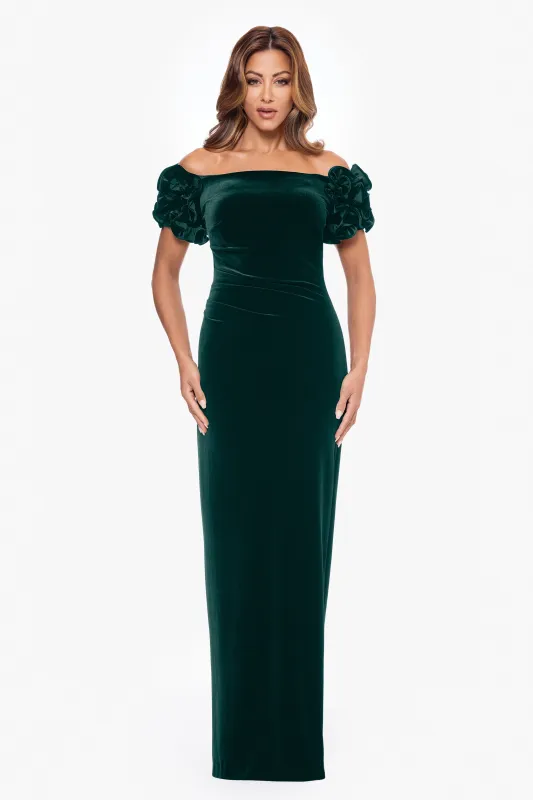 "Rosie" Long Velvet Off the Shoulder Ruffle Sleeve Dress sold by Xscape