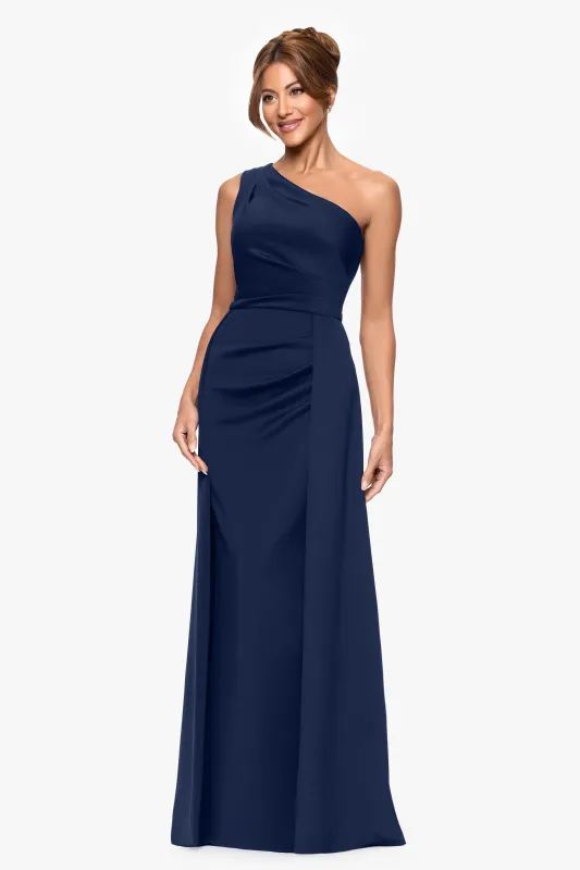 "Jalen" Techno Scuba One Shoulder Back Drape Floor Length Dress sold by Xscape