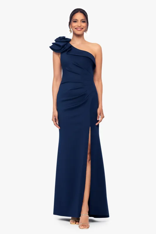 Petite "Marcia" One Shoulder Flower Floor Length Scuba Dress sold by Xscape