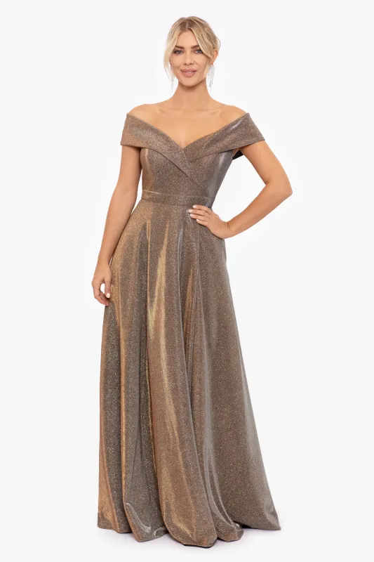 Petite "Estelle" Off The Shoulder Long Glitter Dress sold by Xscape