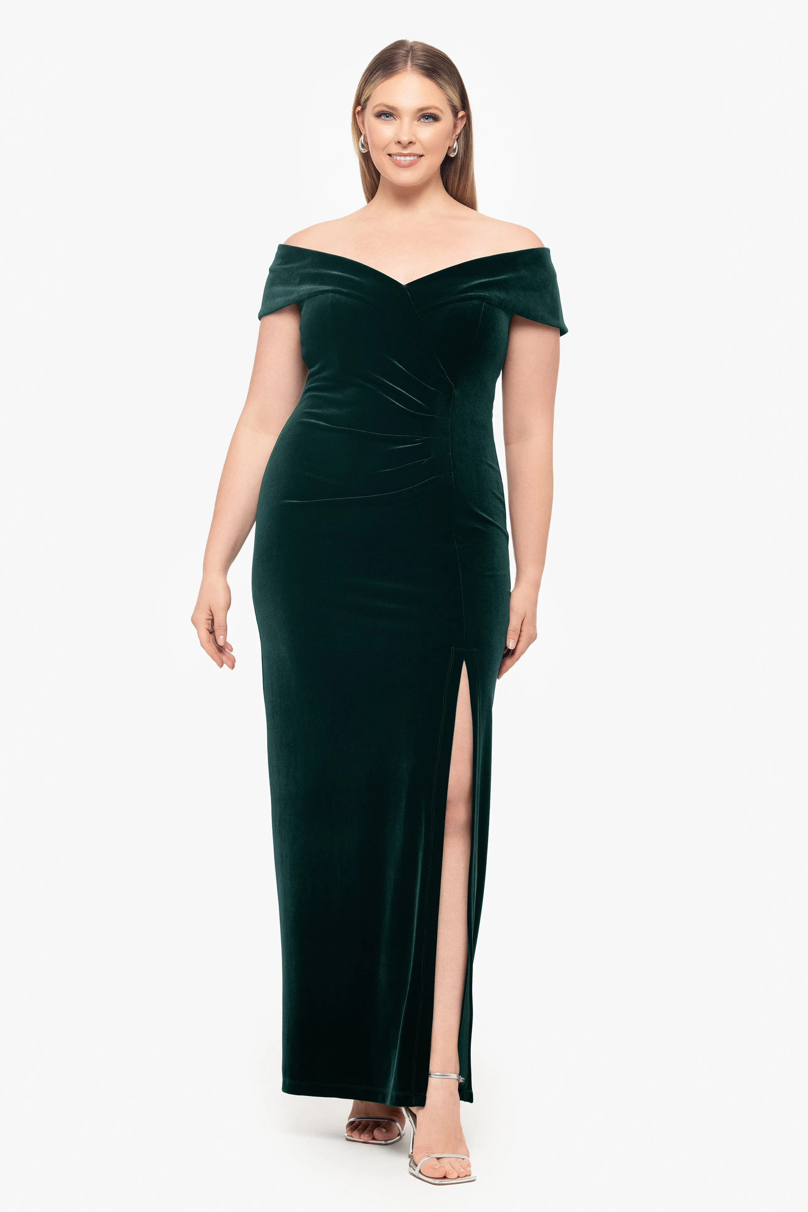 Plus "Charmaine" Long Off the Shoulder Velvet Gown sold by Xscape