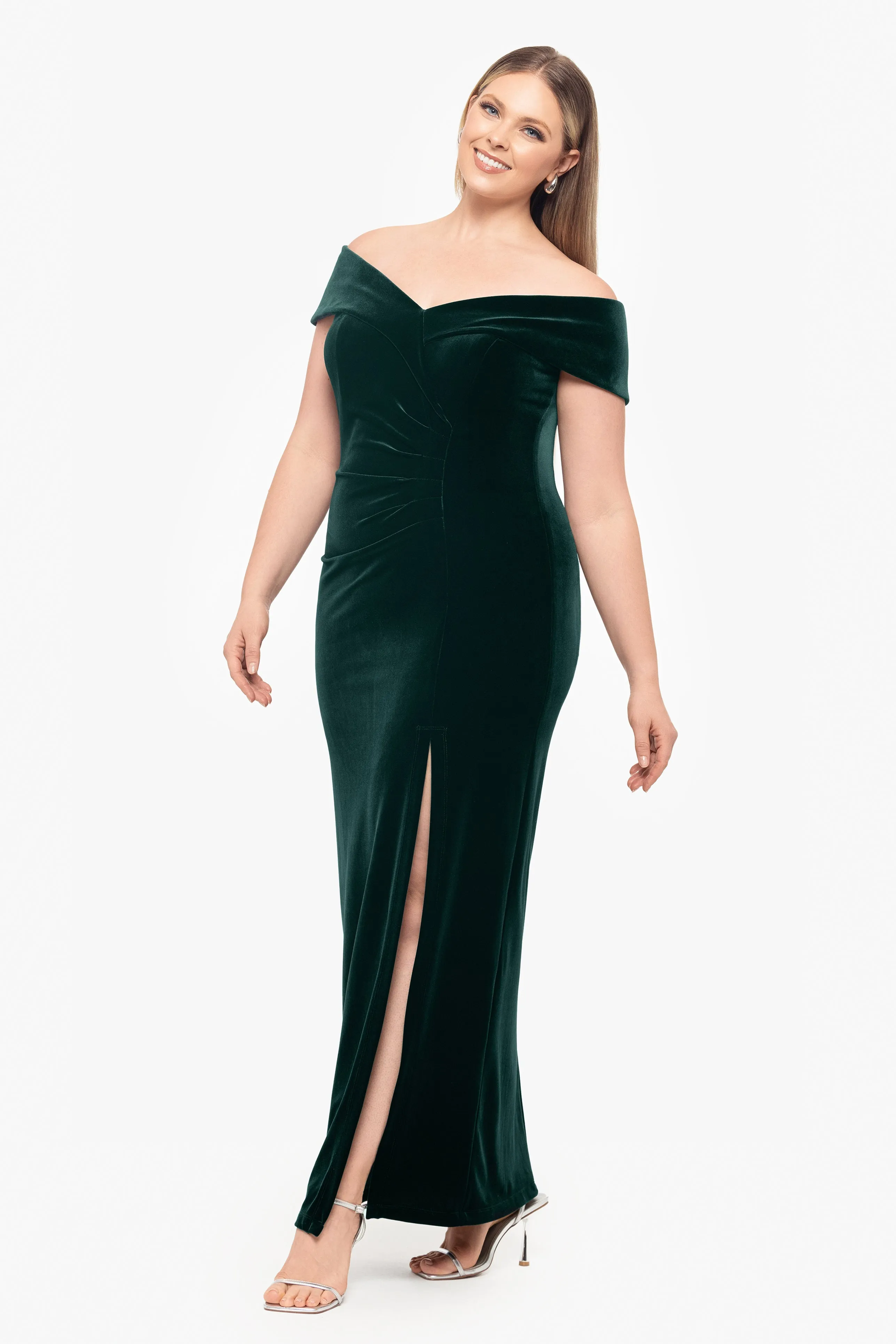 Plus "Charmaine" Long Off the Shoulder Velvet Gown sold by Xscape product image thumbnail 4