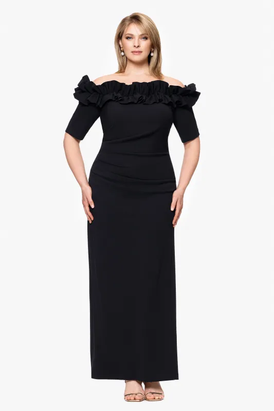 Plus "Isla" Long Crepe Off the Shoulder Ruffle Dress sold by Xscape