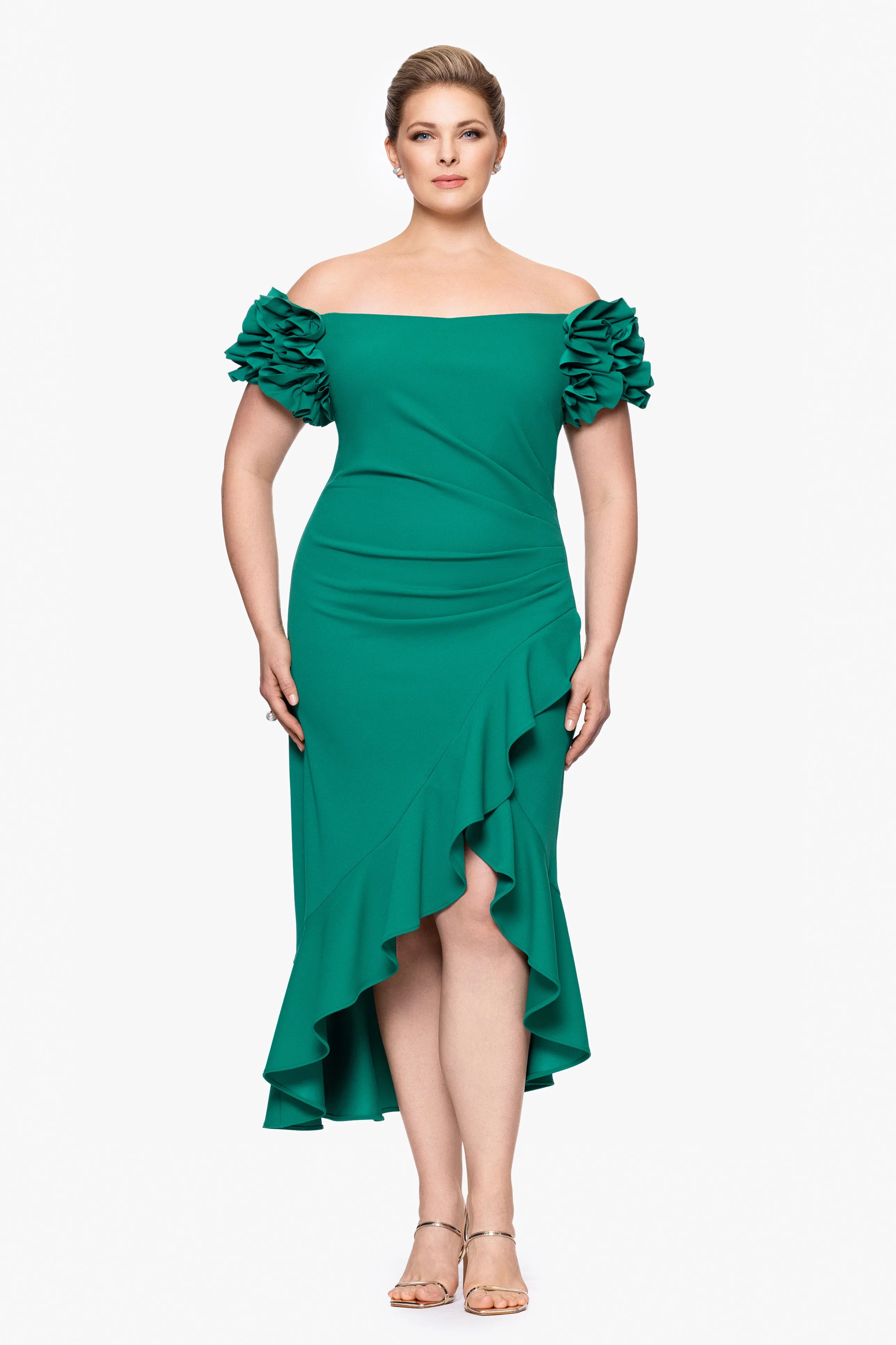 Plus "Loretta" Scuba Crepe Off the Shoulder Ruffle Sleeve Midi Dress sold by Xscape product image thumbnail 3