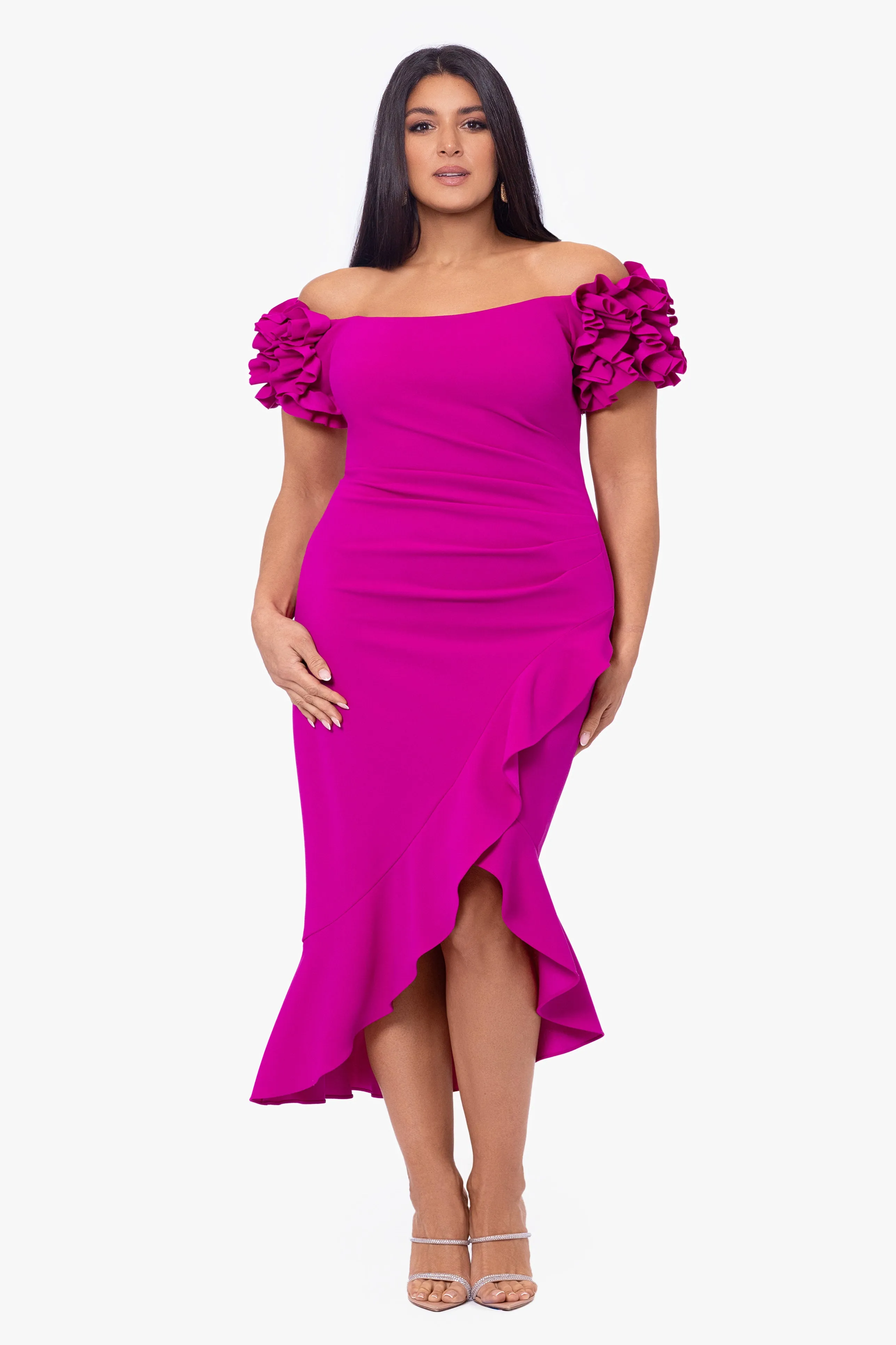 Plus "Loretta" Scuba Crepe Off the Shoulder Ruffle Sleeve Midi Dress sold by Xscape