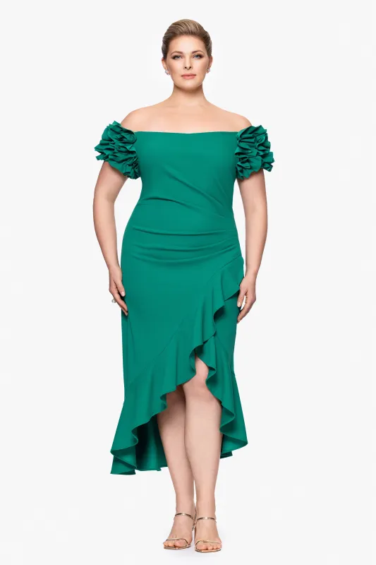 Plus "Loretta" Scuba Crepe Off the Shoulder Ruffle Sleeve Midi Dress sold by Xscape