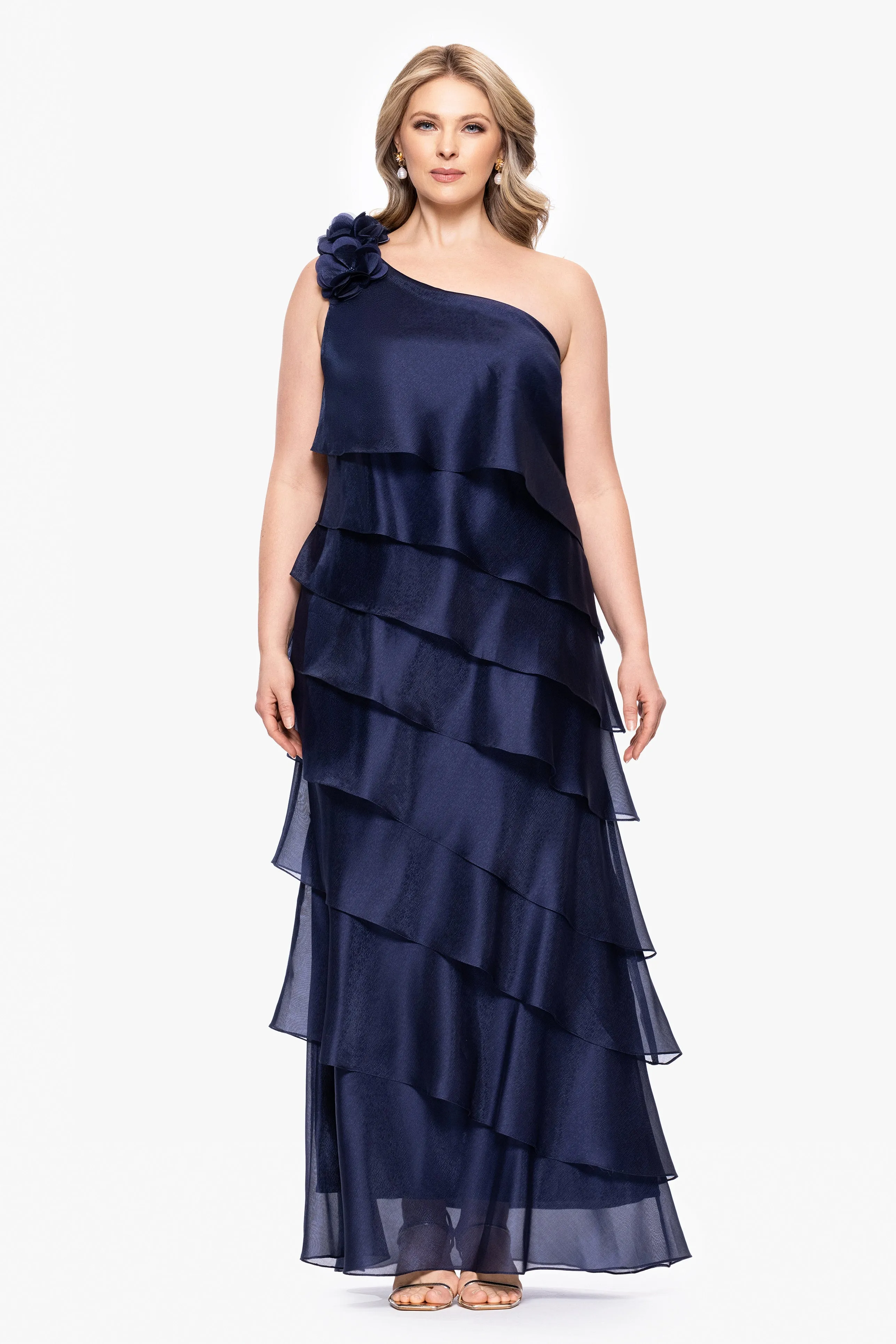 Plus "Rosina" Long Metallic Organza Tiered One-Shoulder Dress sold by Xscape