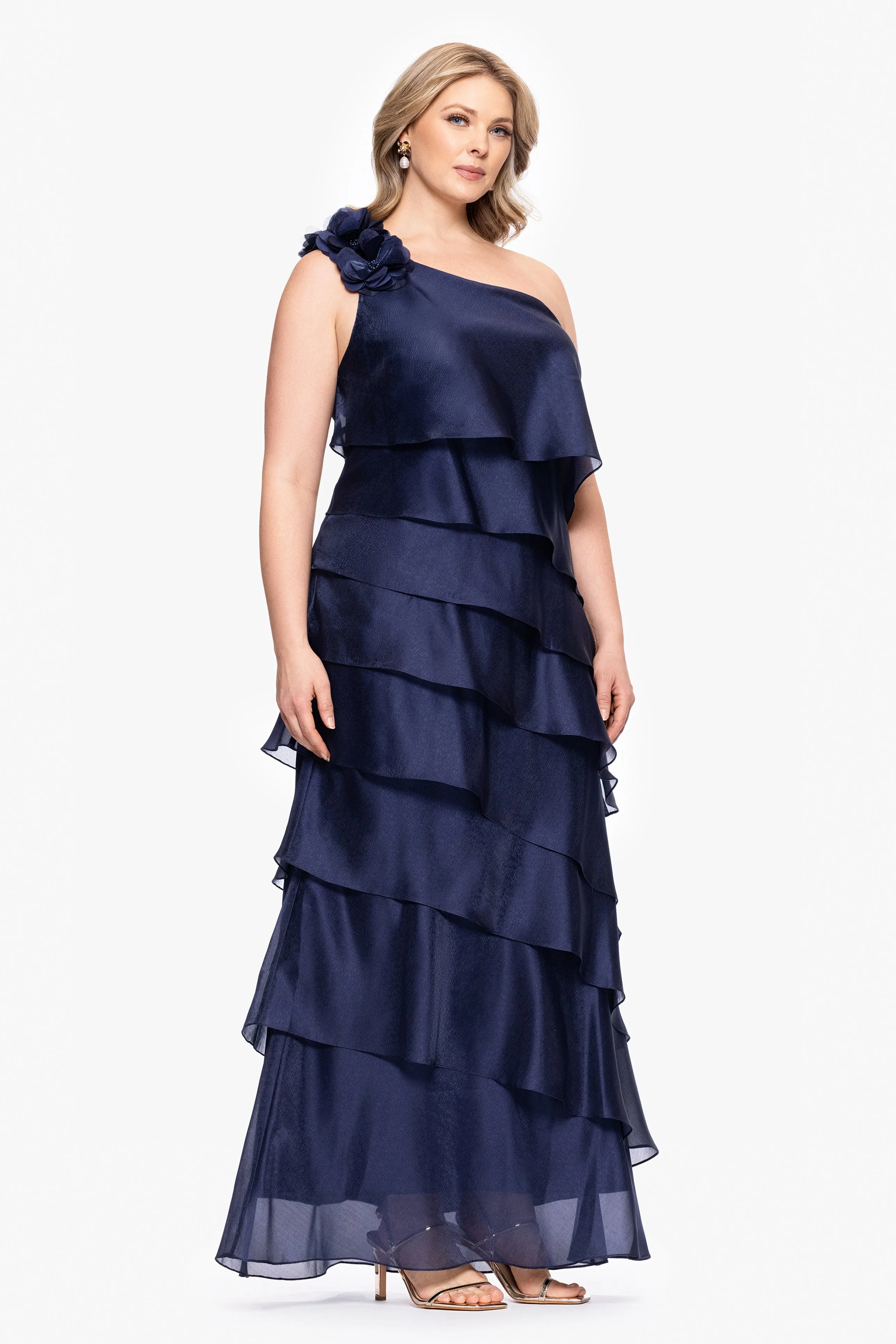 Plus "Rosina" Long Metallic Organza Tiered One-Shoulder Dress sold by Xscape product image thumbnail 4