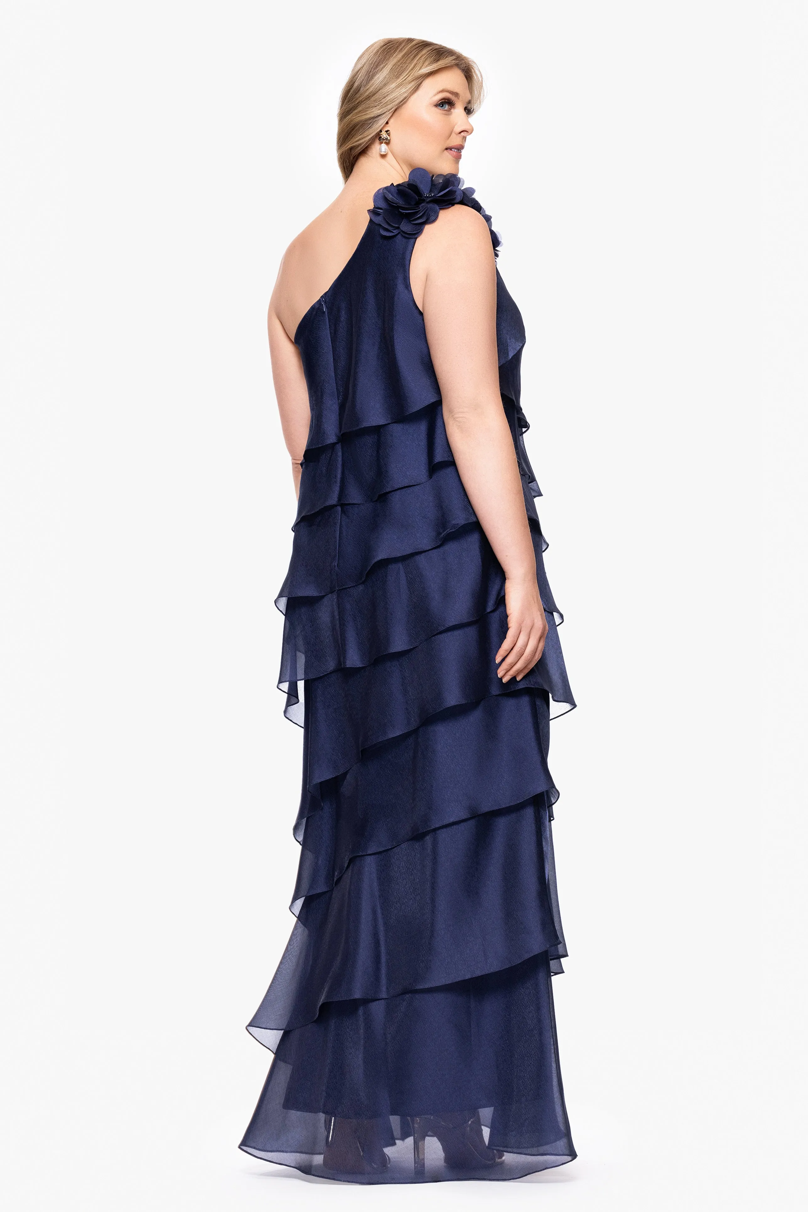 Plus "Rosina" Long Metallic Organza Tiered One-Shoulder Dress sold by Xscape product image thumbnail 3