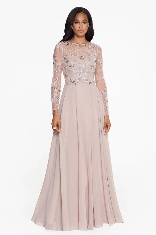 "Mason" Long Sleeve Beaded Chiffon Gown sold by Xscape