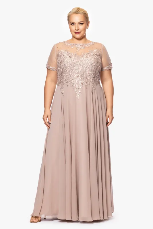 Plus "Angelica" Long Chiffon Beaded Mesh Top Dress sold by Xscape
