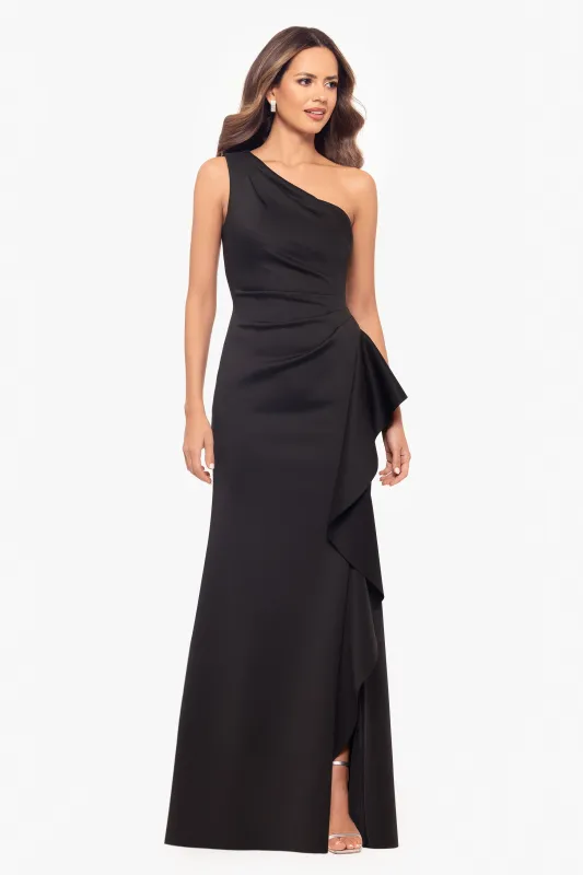 Petite "Flo" Long Techno Scuba One Shoulder Ruffle Dress sold by Xscape