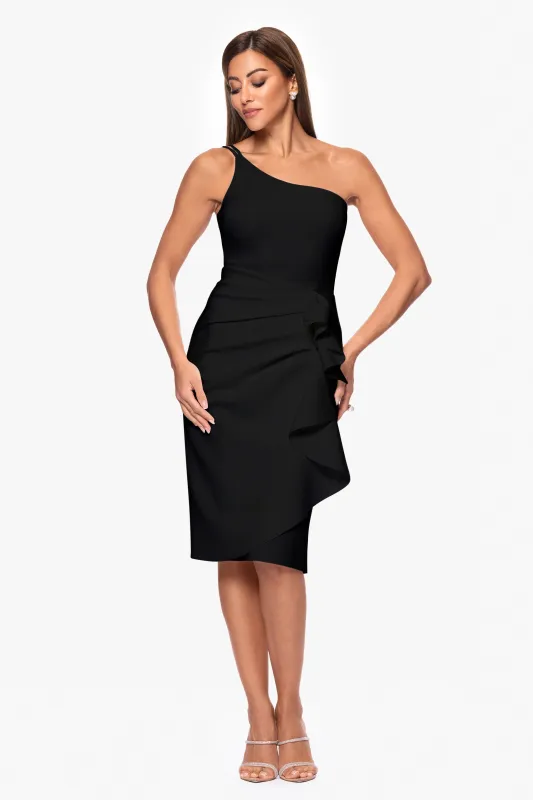 "Gracie" Scuba Crepe One Shoulder Knee Length Ruffle Dress sold by Xscape