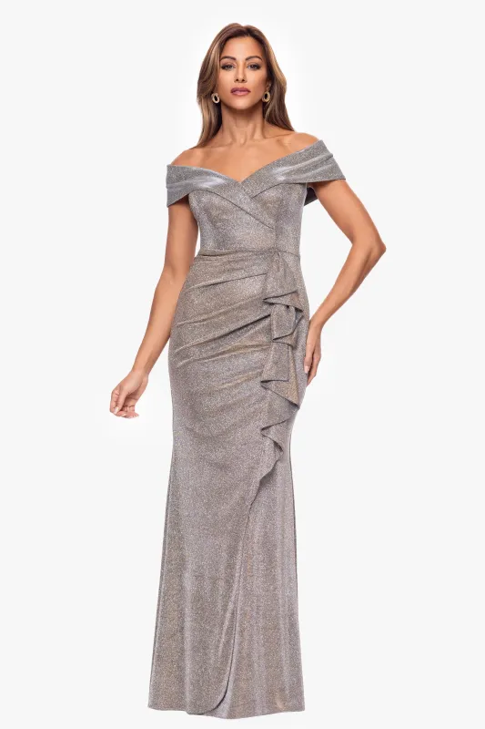 Petite "Raveena" Long Foil Knit Off the Shoulder Floor Length Ruffle Dress sold by Xscape