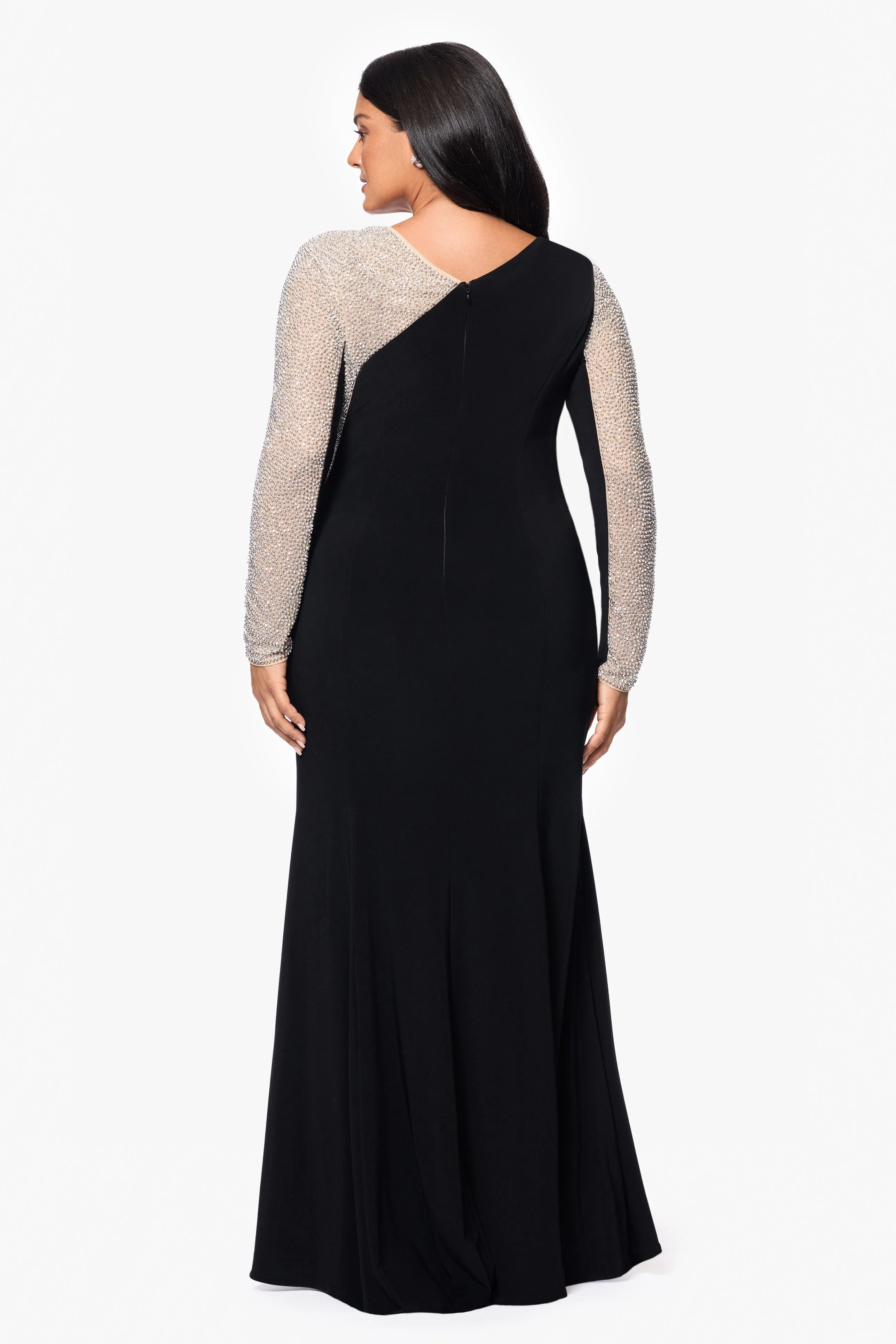 Plus "Anja" Long Jersey Knit Asymmetric Caviar Beaded Dress sold by Xscape product image thumbnail 2