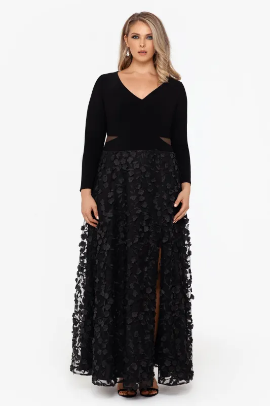 Plus "Aurora" V - Neck Long Sleeve Raised Flower Slit Dress sold by Xscape