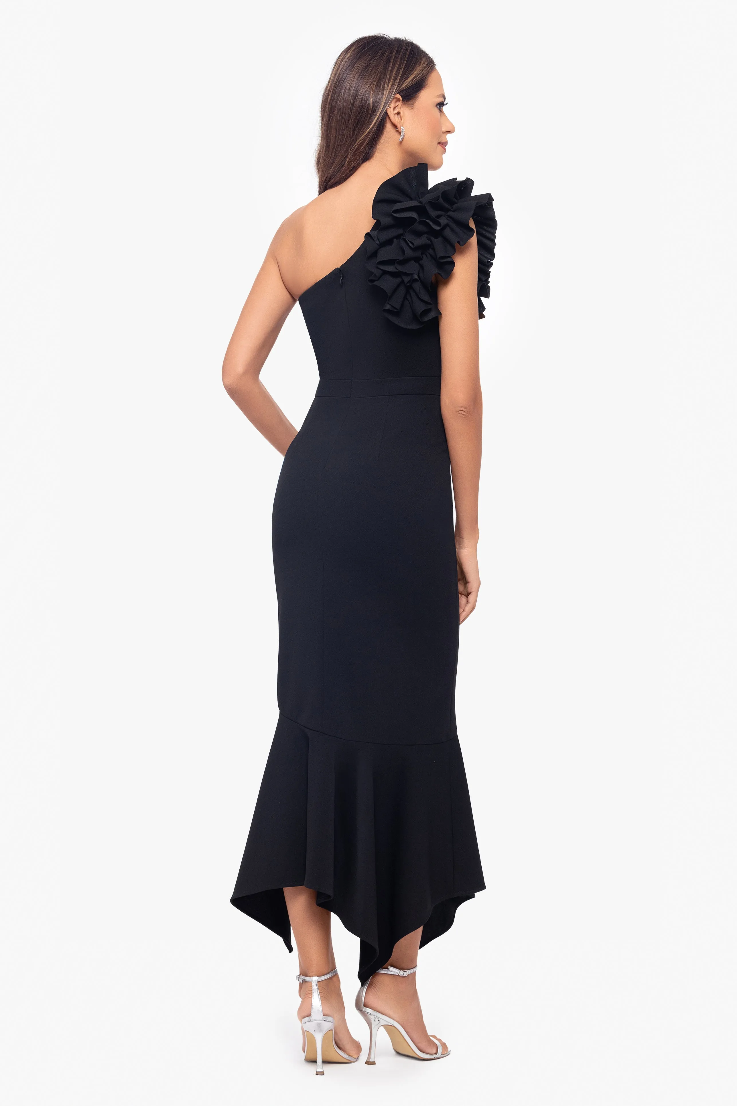 "May" Midi Scuba Crepe Asymmetrical Ruffle Dress sold by Xscape product image thumbnail 3