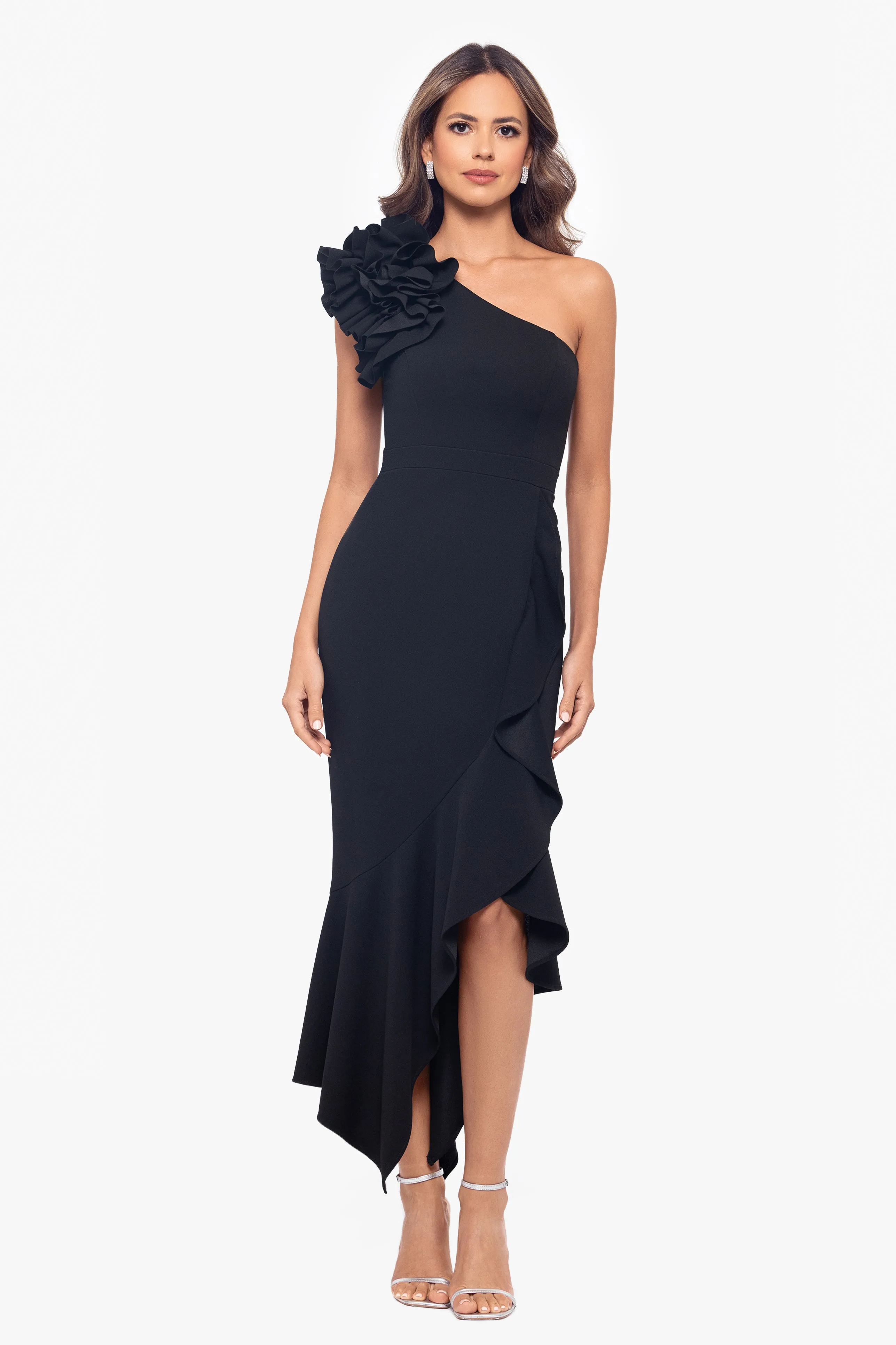 "May" Midi Scuba Crepe Asymmetrical Ruffle Dress sold by Xscape