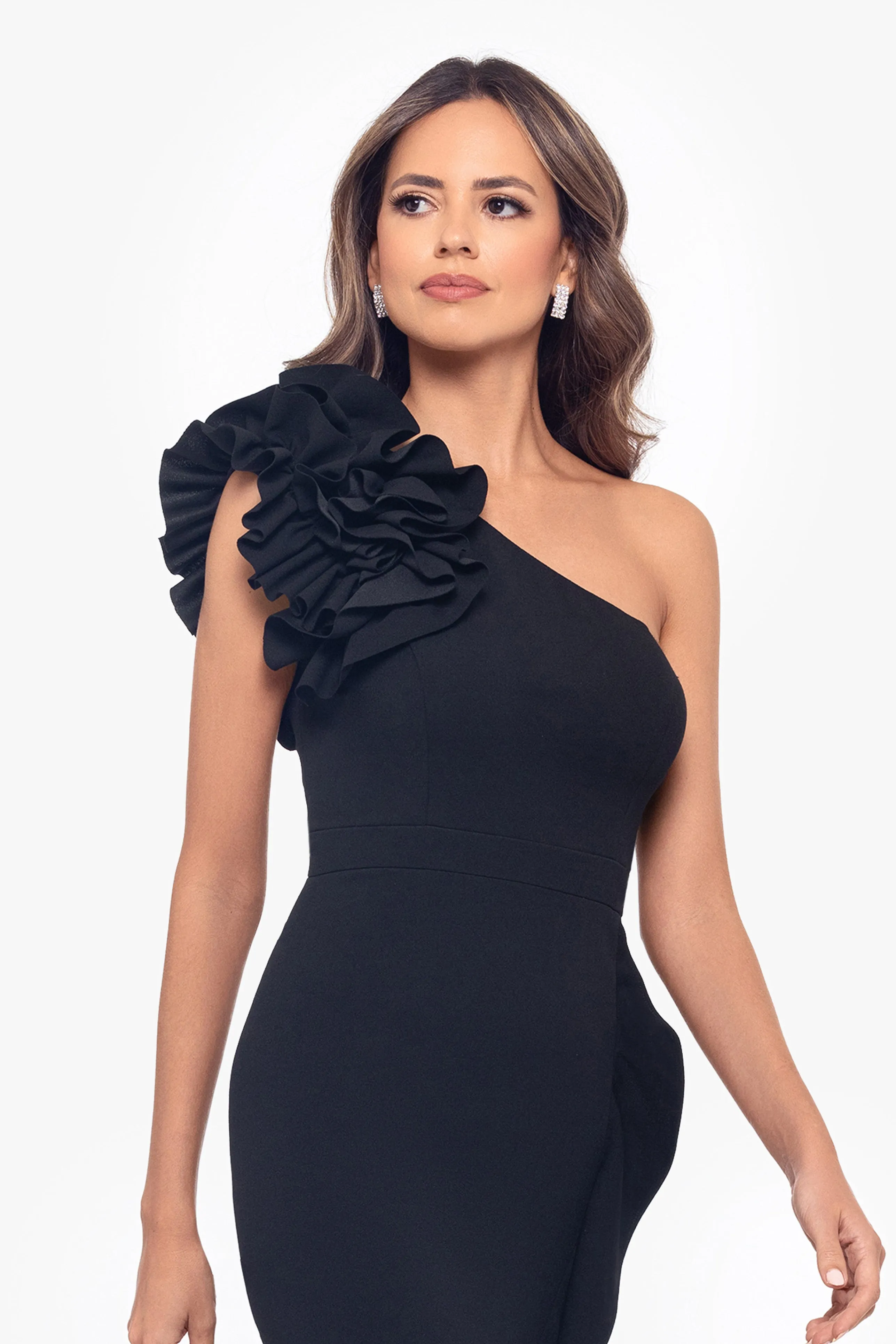 "May" Midi Scuba Crepe Asymmetrical Ruffle Dress sold by Xscape product image thumbnail 2