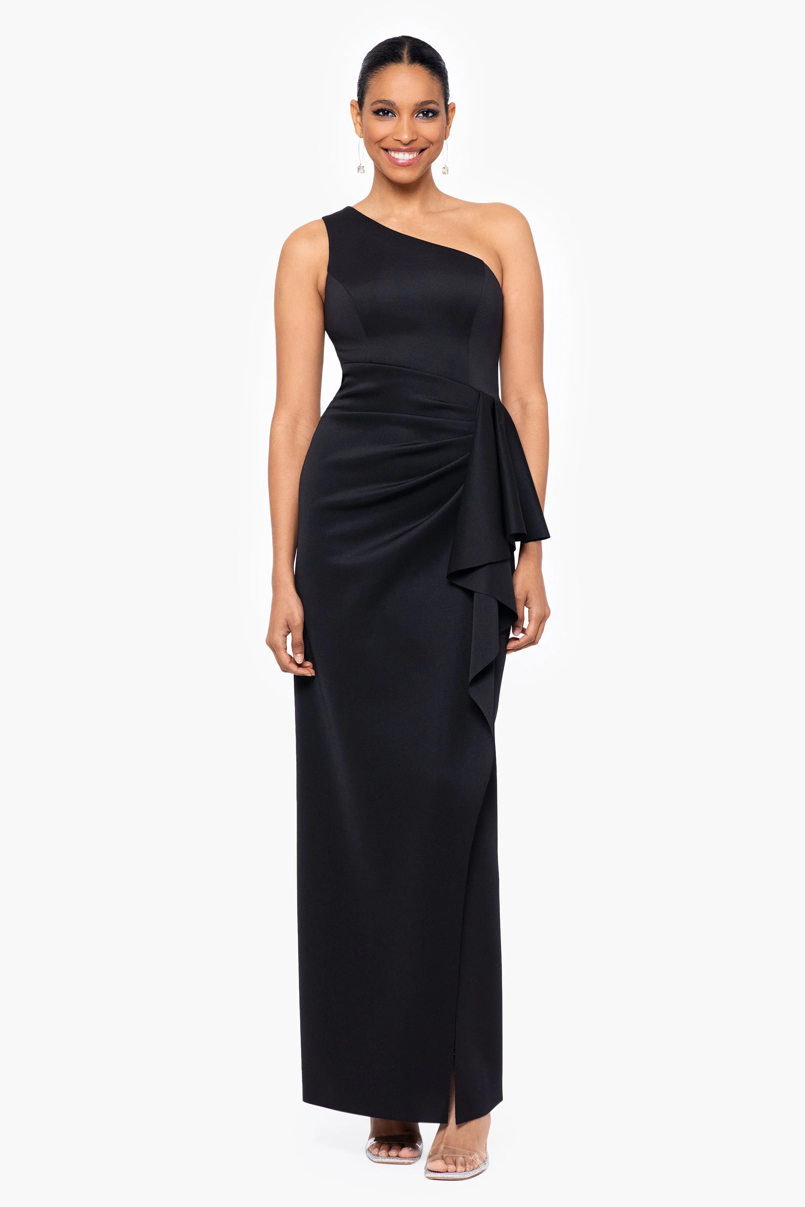 "Tana" Long Scuba One Shoulder Ruffle Floor Length Dress sold by Xscape