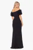 Petite "Ashlyn" Long Scuba Crepe Off the Shoulder Wire Flower Gown sold by Xscape
