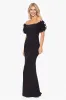 Petite "Ashlyn" Long Scuba Crepe Off the Shoulder Wire Flower Gown sold by Xscape