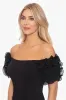 Petite "Ashlyn" Long Scuba Crepe Off the Shoulder Wire Flower Gown sold by Xscape