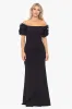 Petite "Ashlyn" Long Scuba Crepe Off the Shoulder Wire Flower Gown sold by Xscape