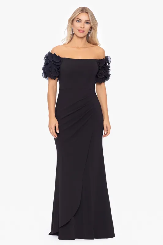 Petite "Ashlyn" Long Scuba Crepe Off the Shoulder Wire Flower Gown sold by Xscape