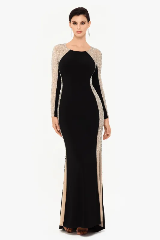 "Sarah" Long Jersey Knit with Caviar Beaded Sides Dress sold by Xscape