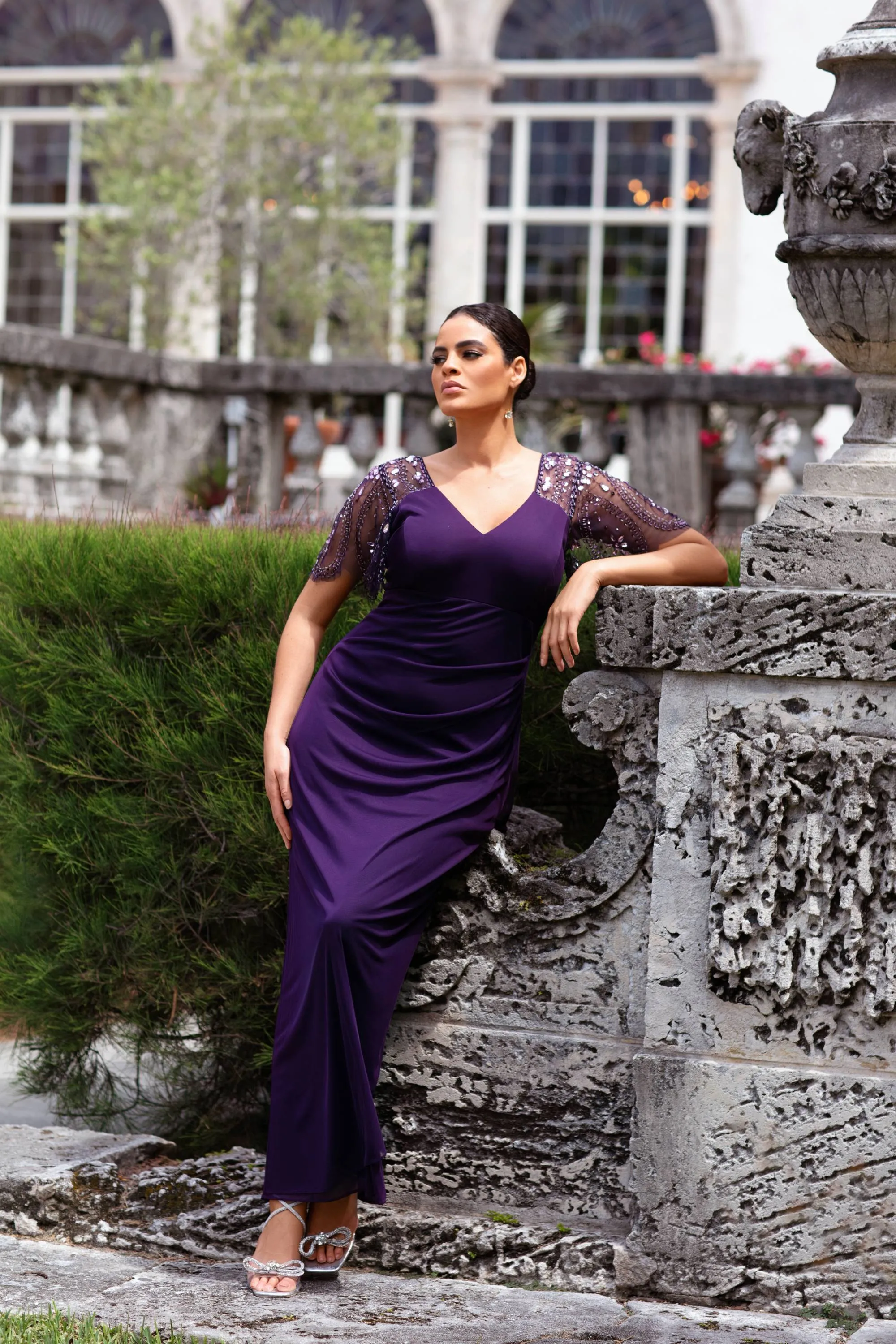 Plus "Lana" Long V-Neck Beaded Flutter Sleeve Dress sold by Xscape product image thumbnail 4