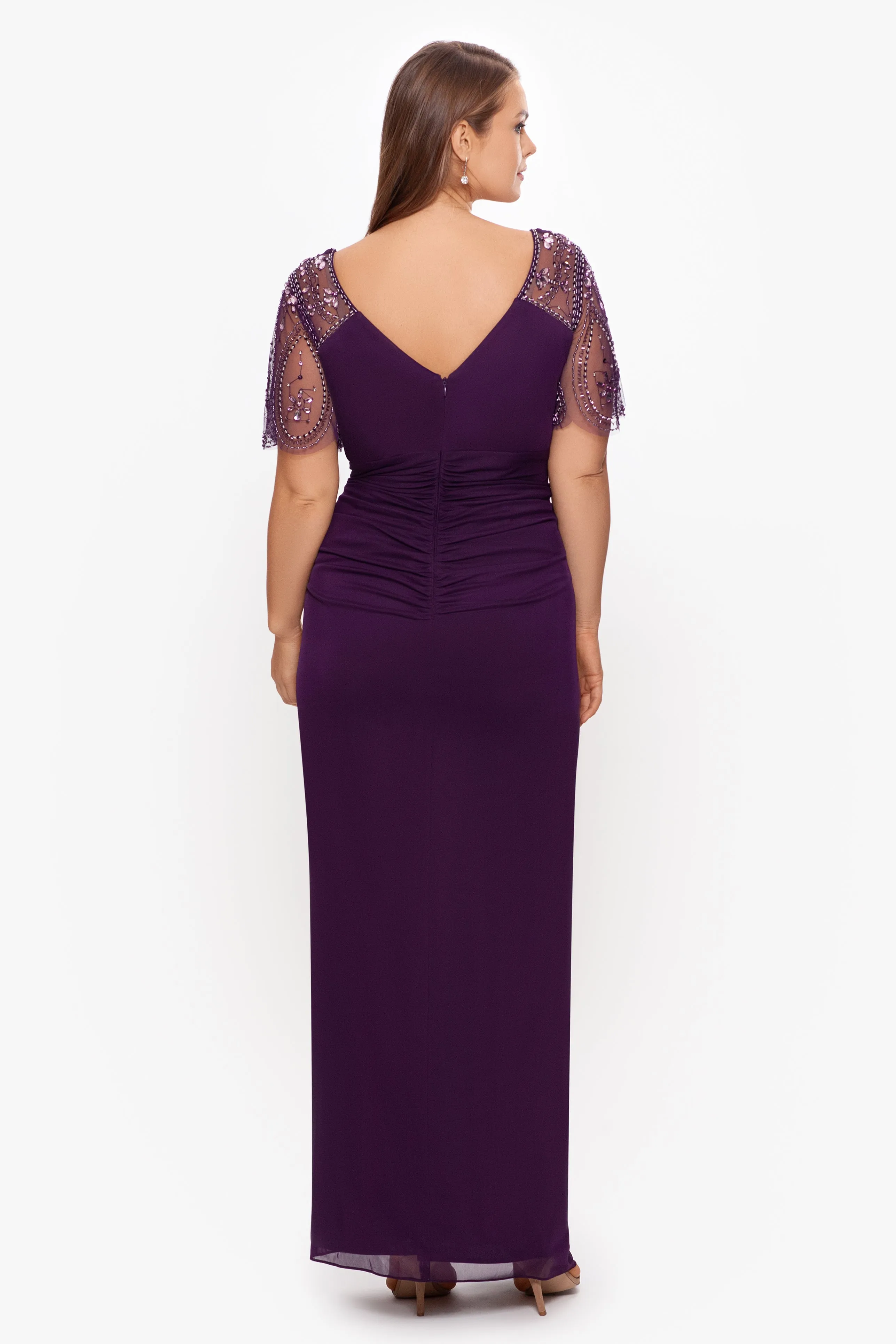 Plus "Lana" Long V-Neck Beaded Flutter Sleeve Dress sold by Xscape product image thumbnail 3